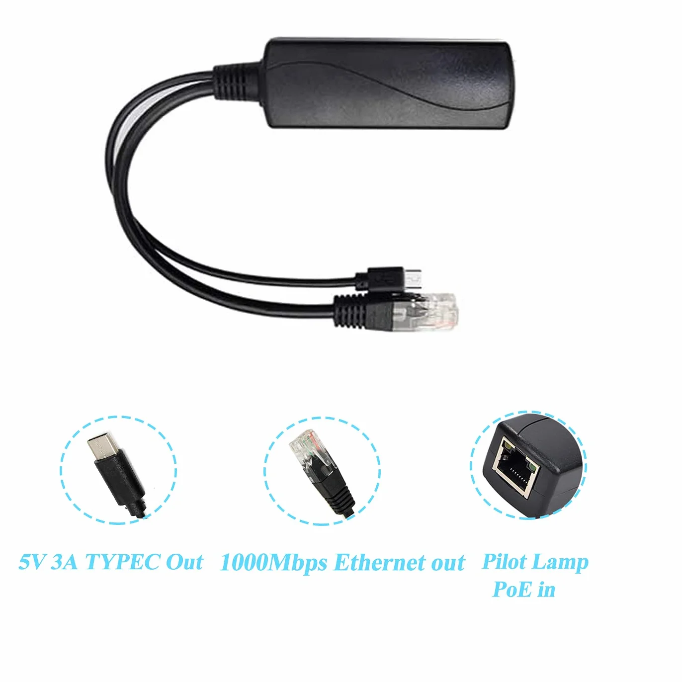 Rozdzielacz Gigabit Type C PoE 5 V 3 A, IEEE 802.3af/at Standard, 10/100/1000 Mbps Power Over Ethernet Splitter with RJ45 Port and TypeC rozdzielacz adaptera (TYPEC0503G Black)