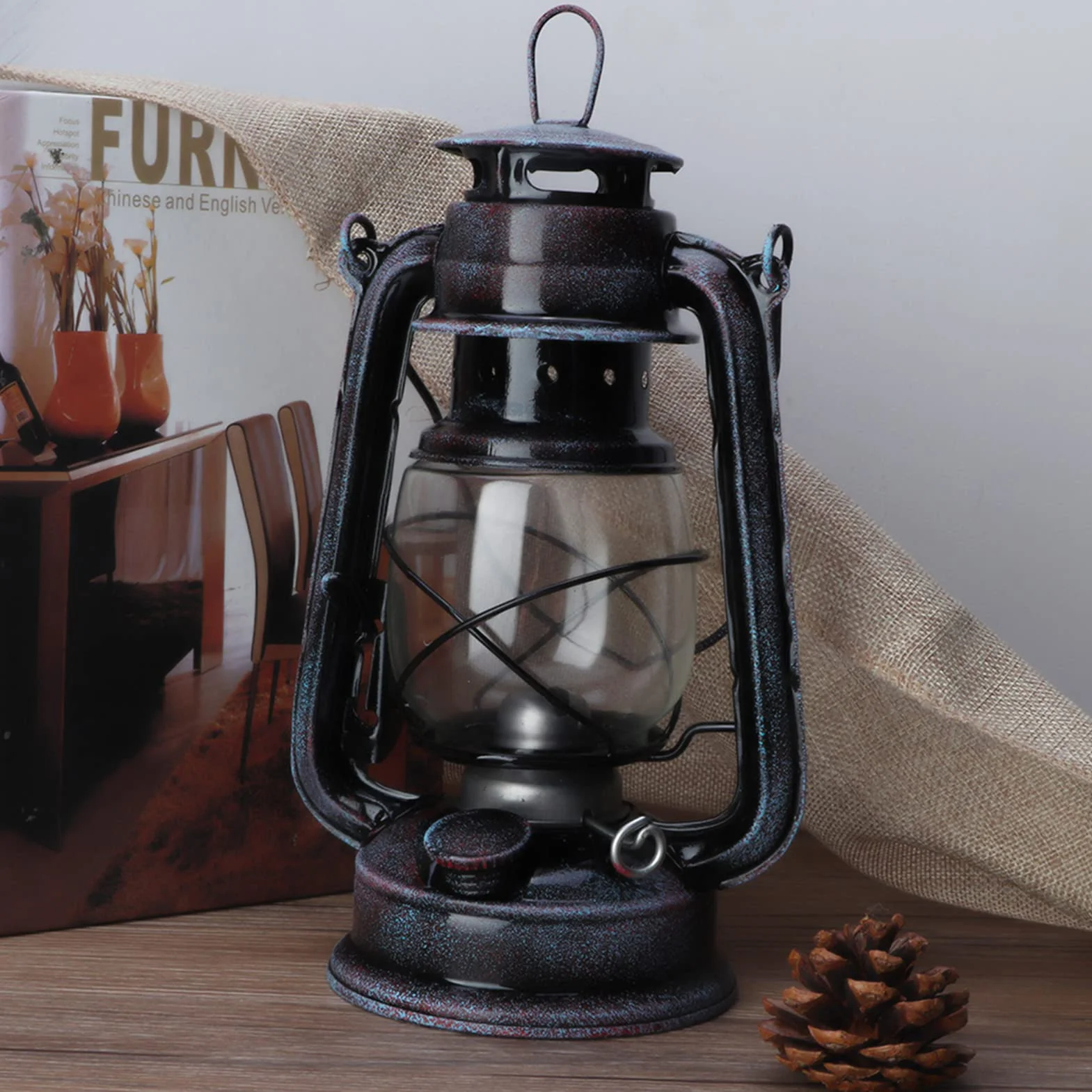 Klasyczna lampa naftowa 24 cm do kempingu, czarny Retro