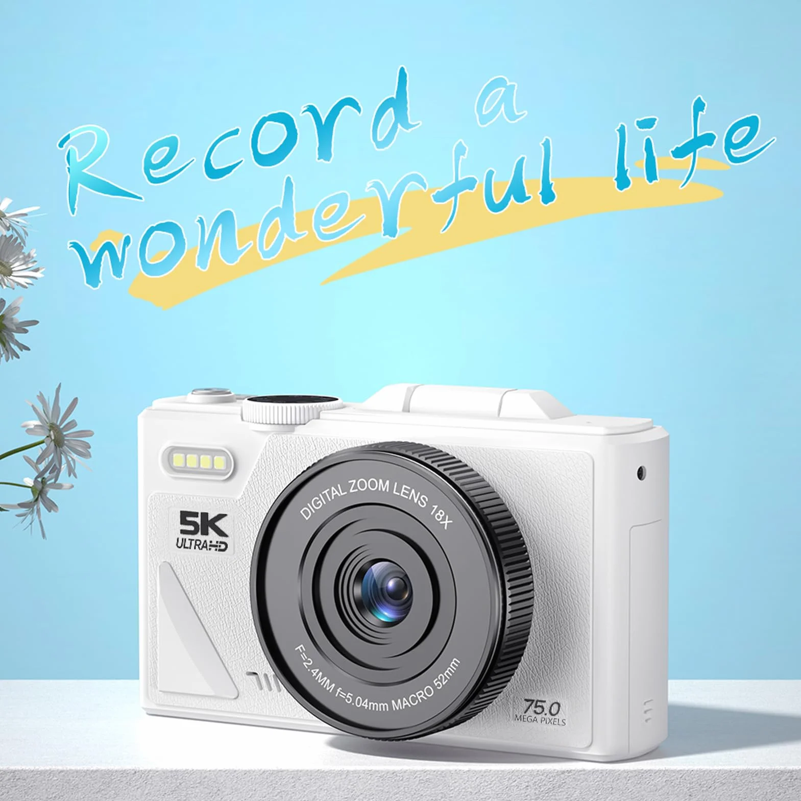 Kamera Cyfrowa 5K do Fotografii, 75MP Wi -Fi Autofocus Vlogging Cameras do YouTube z Ekranem Flip 3 -Cal, 18x Cyfrowy Zoom i Anti Shake, Aparat Wideo Obsługuje kartę 128G