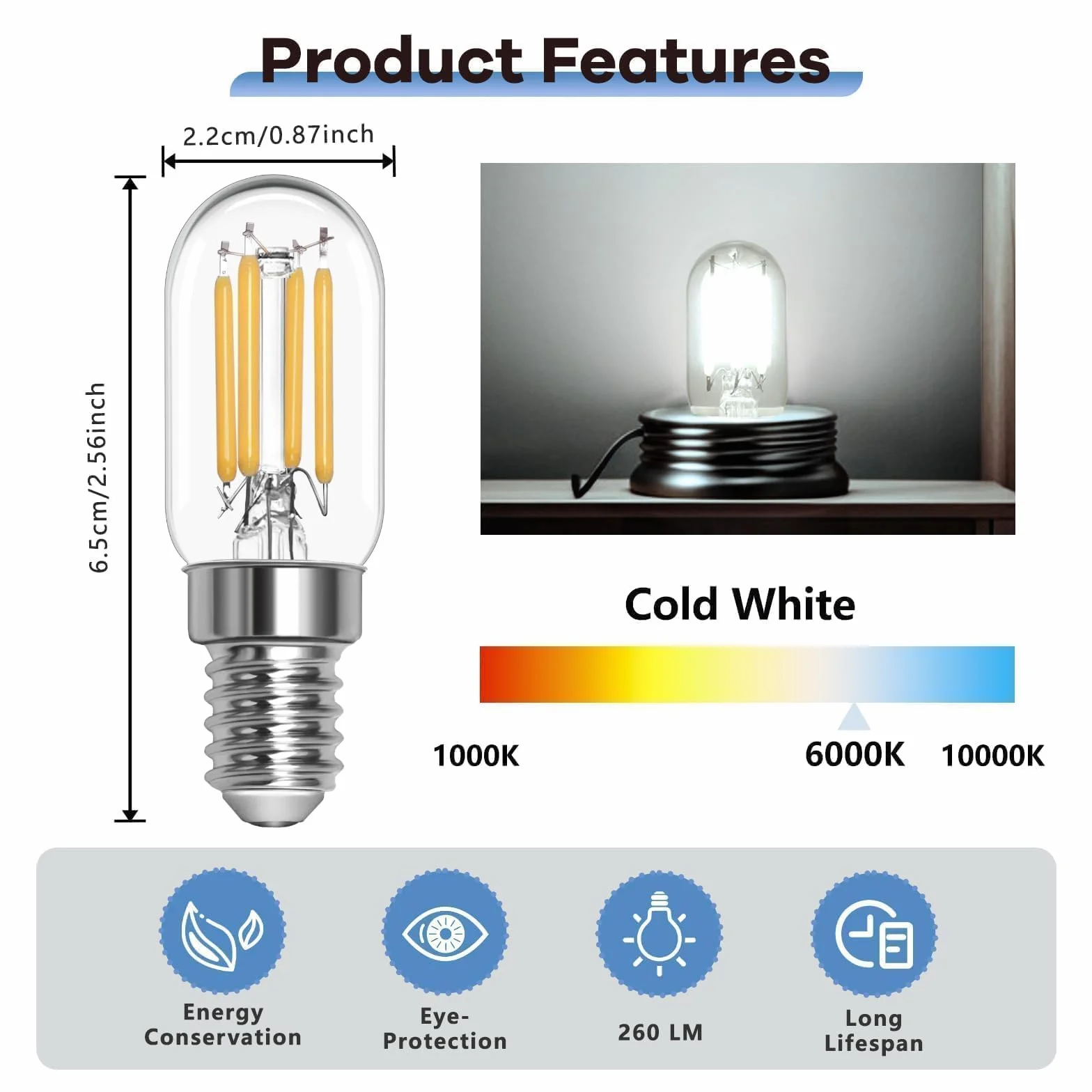 Żarówki LED E14 T22 do lodówki 2 W 6000 K zimna biel 260 lumenów AC 220-240 V 2 sztuki