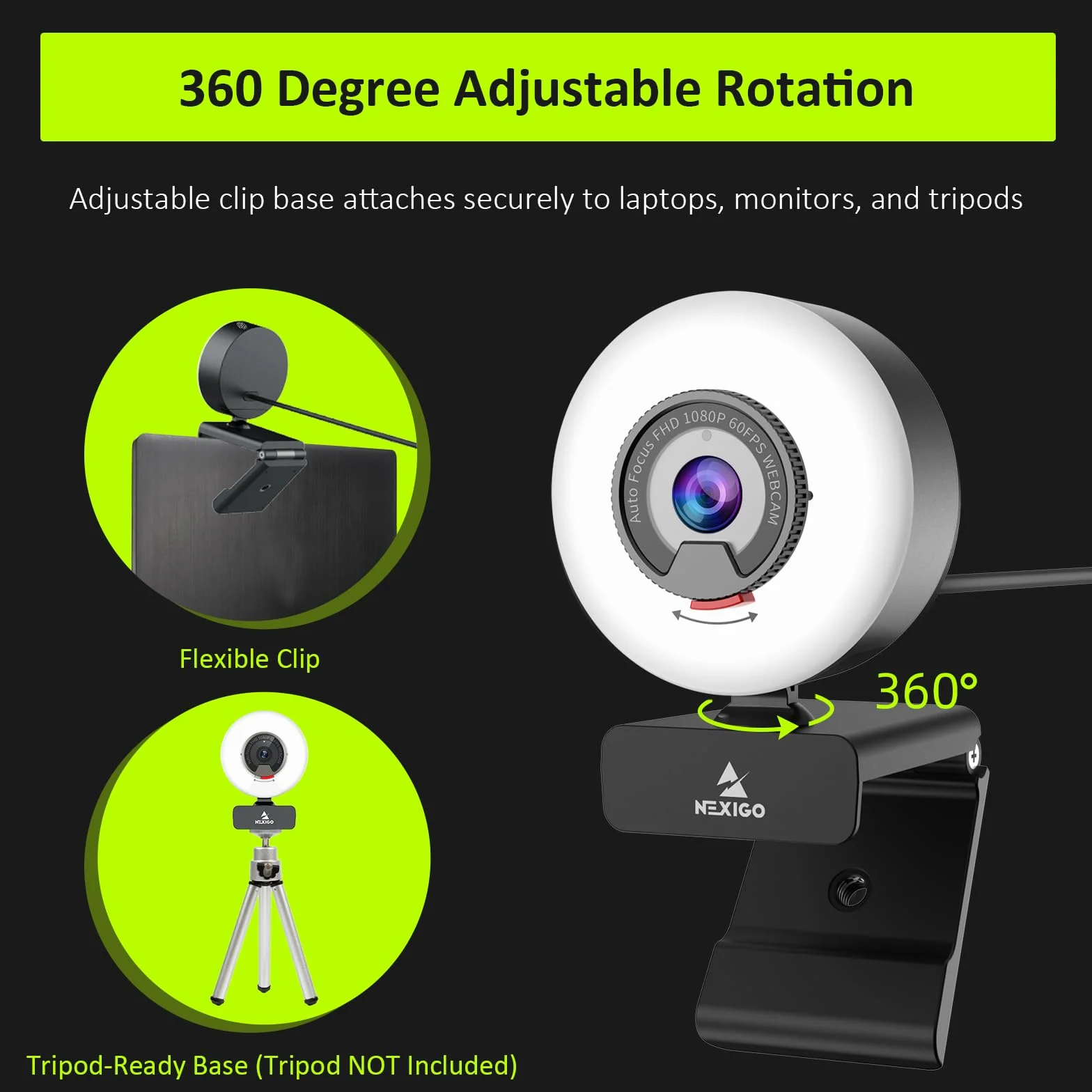 NexiGo N960E Kamera internetowa 1080P 60FPS ze światłem, w zestawie oprogramowanie, szybki autofokus, wbudowana osłona prywatności, kamera internetowa USB, podwójny mikrofon stereo, do spotkań Zoom