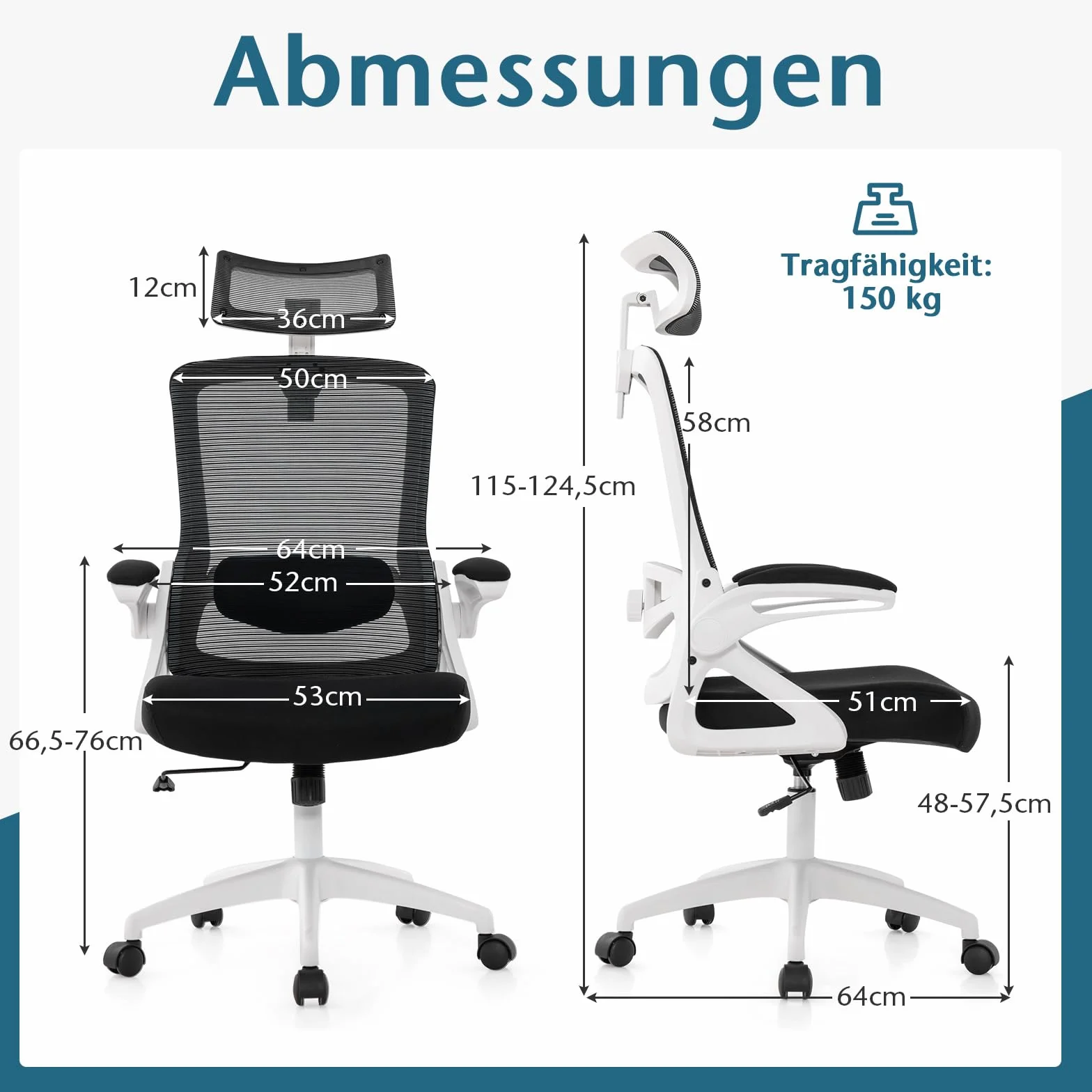 COSTWAY Ergonomiczne krzesło biurowe z regulowanym podparciem lędźwiowym i zagłówkiem, ze składanymi podłokietnikami i wysokim oparciem, obrotowe krzesło komputerowe z funkcją przechylania (białe)