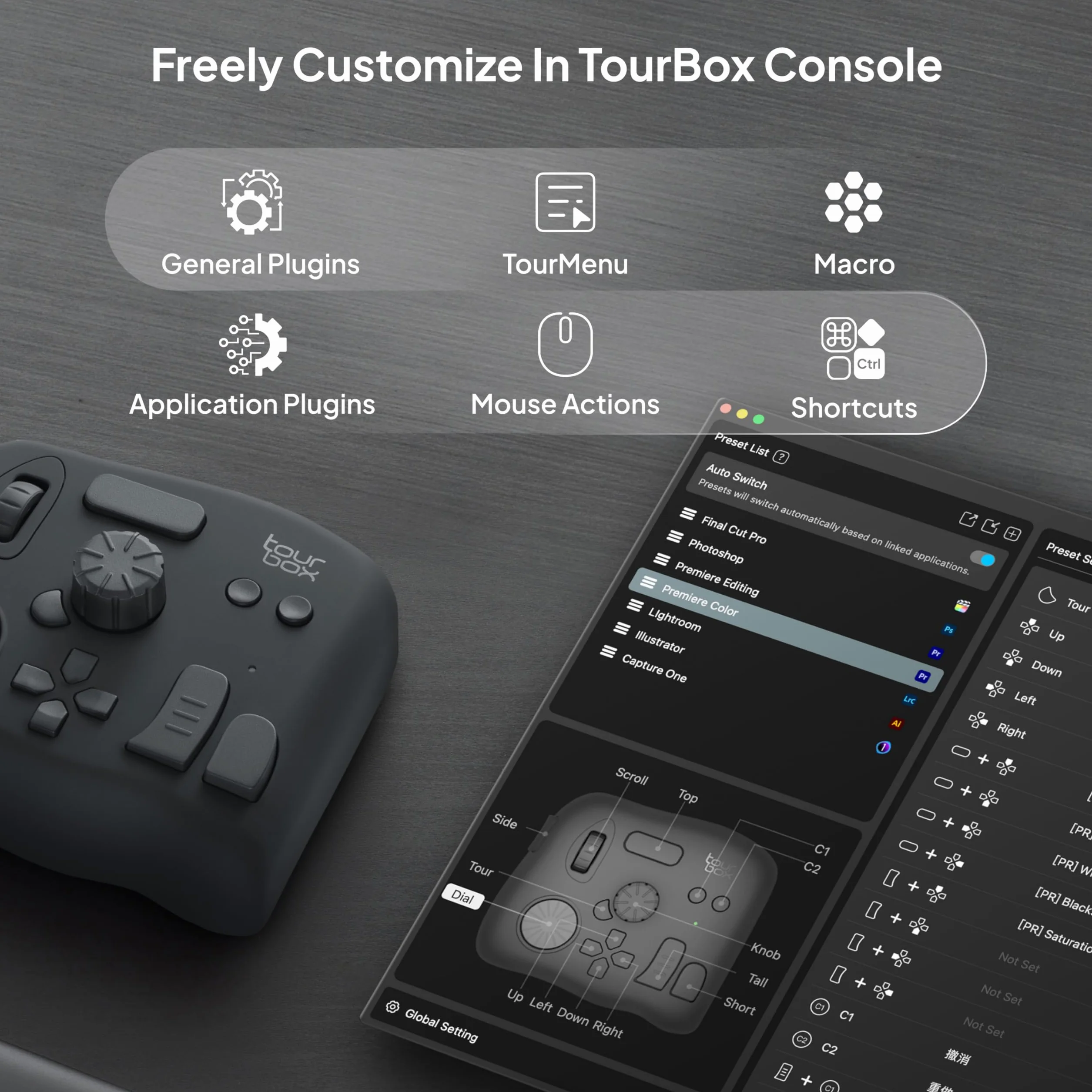 TourBox NEO, kontroler do edycji zdjęć wideo, konfigurowalna klawiatura skrótów, ergonomiczna konsola urządzeń do Photoshop Lightroom Premiere Illustrator, Windows Mac PC, tablet graficzny rysowania