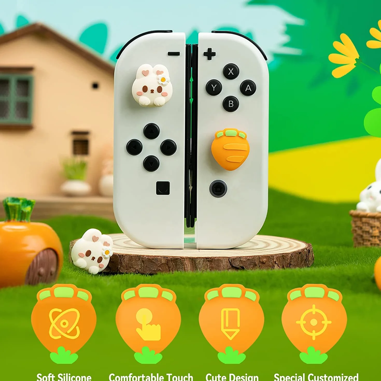 GeekShare Śliczne silikonowe nakładki na kciuki do Joycon na Halloween, osłona na joysticka kompatybilna z Switch/OLED/Switch Lite, 4 szt. - Królik i marchewka