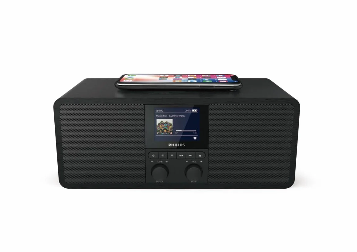 Philips Audio Radio internetowe R8805/10 DAB+ radio ze złączem Spotify (Bluetooth, minutnik snu, podwójny alarm, podkładka ładująca Qi do telefonu komórkowego, USB) czarny