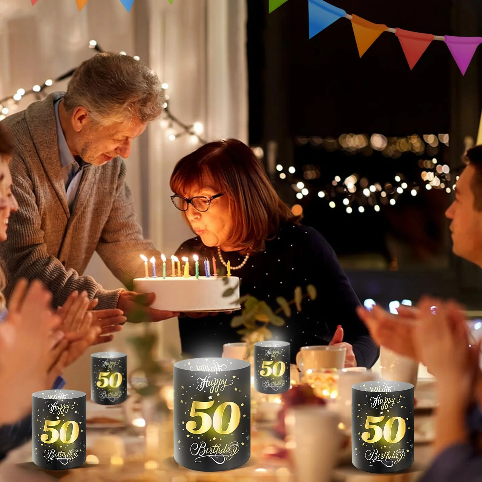 Moorle 12 lampionów na 50. urodziny, dekoracja Happy Birthday, do podgrzewaczy lub świec