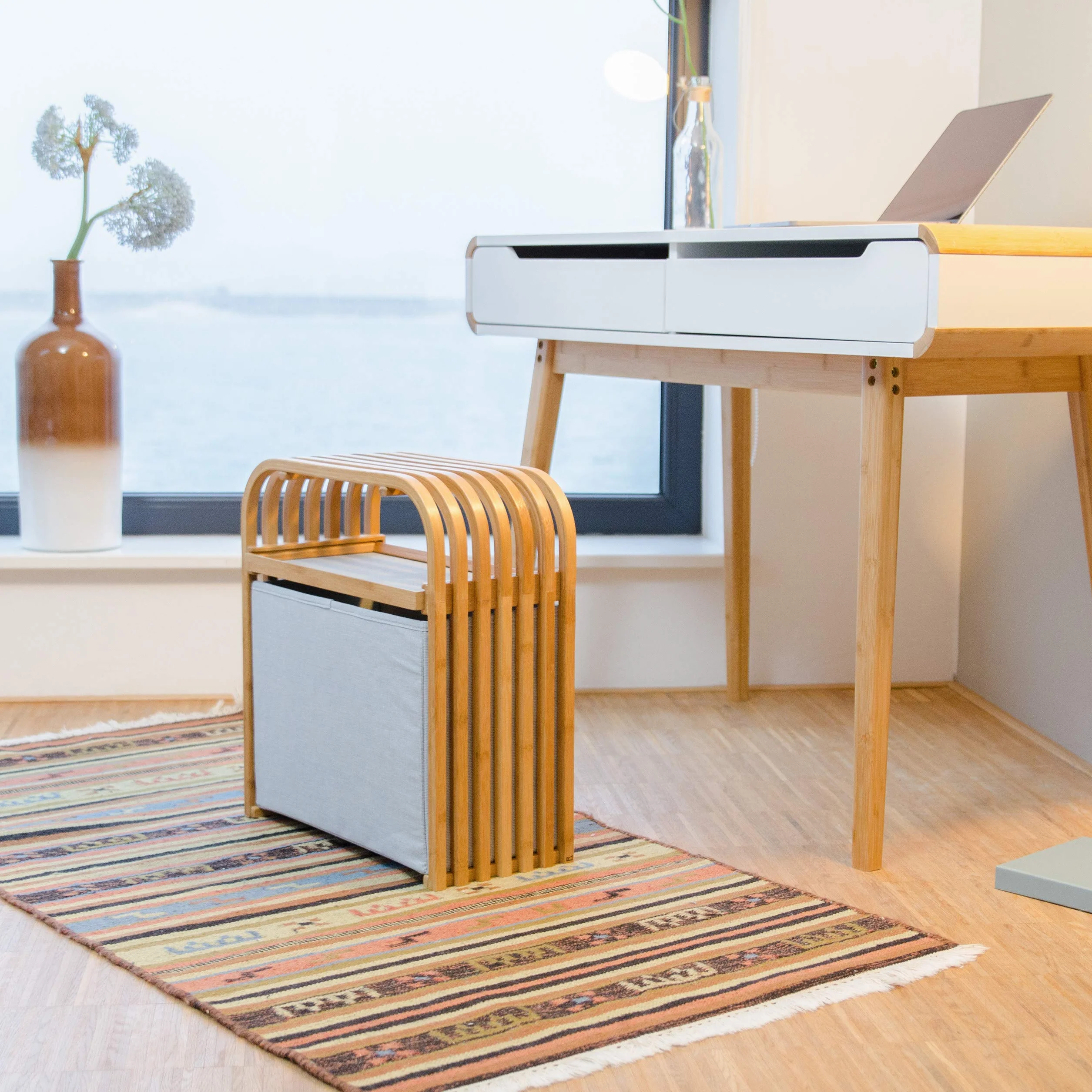 Hocker z bambusa z miejscem na przechowywanie, design, schmalny, idealny do garderoby, siedzisko, holzhocker, naturalny