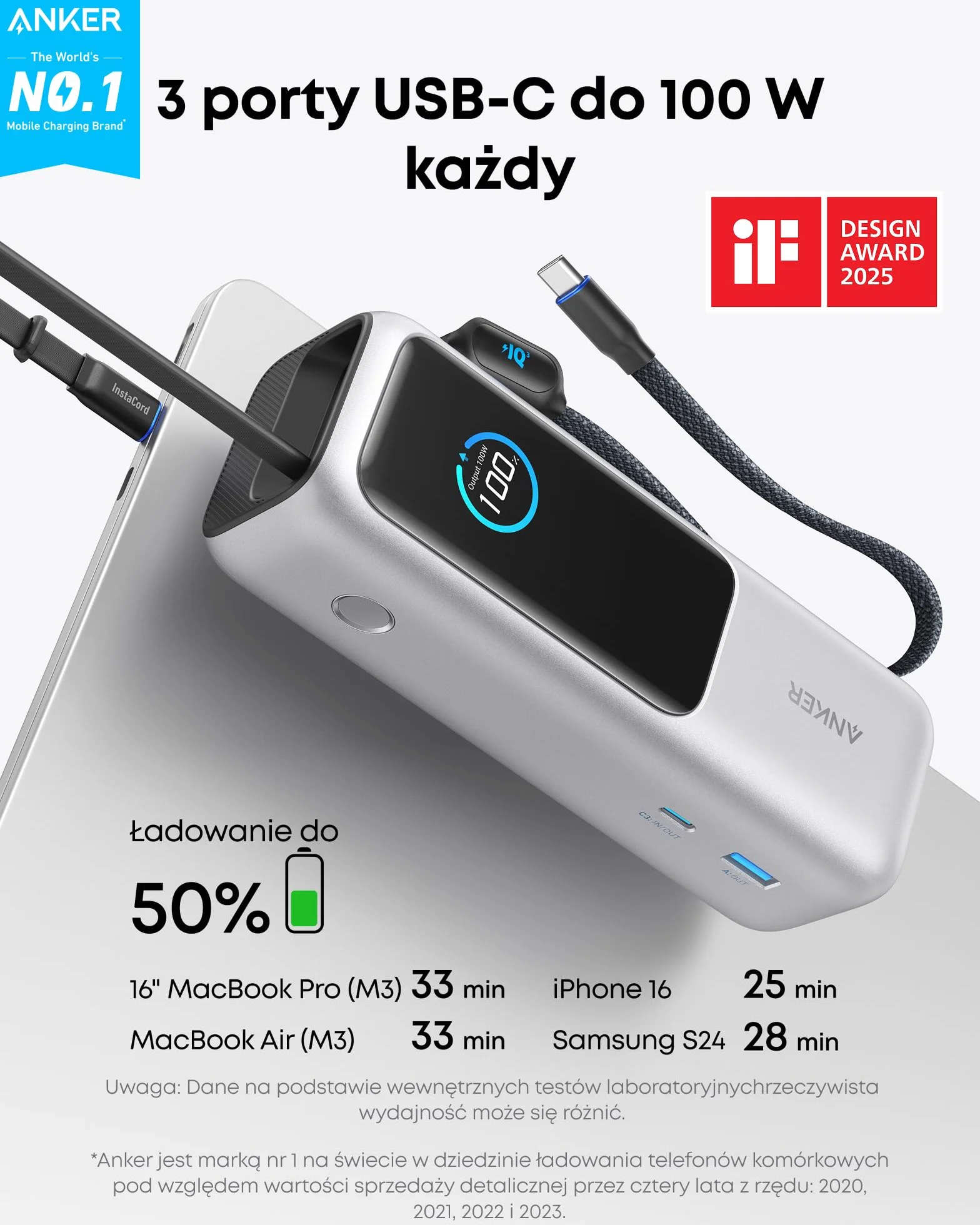 Anker 165W 25000 mAh Laptop Powerbank, Ladegerät mit 70cm ausziehbarem Kabel & Trageband, 3 USB-C Ports für Laden mehrerer Geräte, Für MacBook Pro, iPhone 17/16/15, Samsung und mehr (flugzeugtauglich)