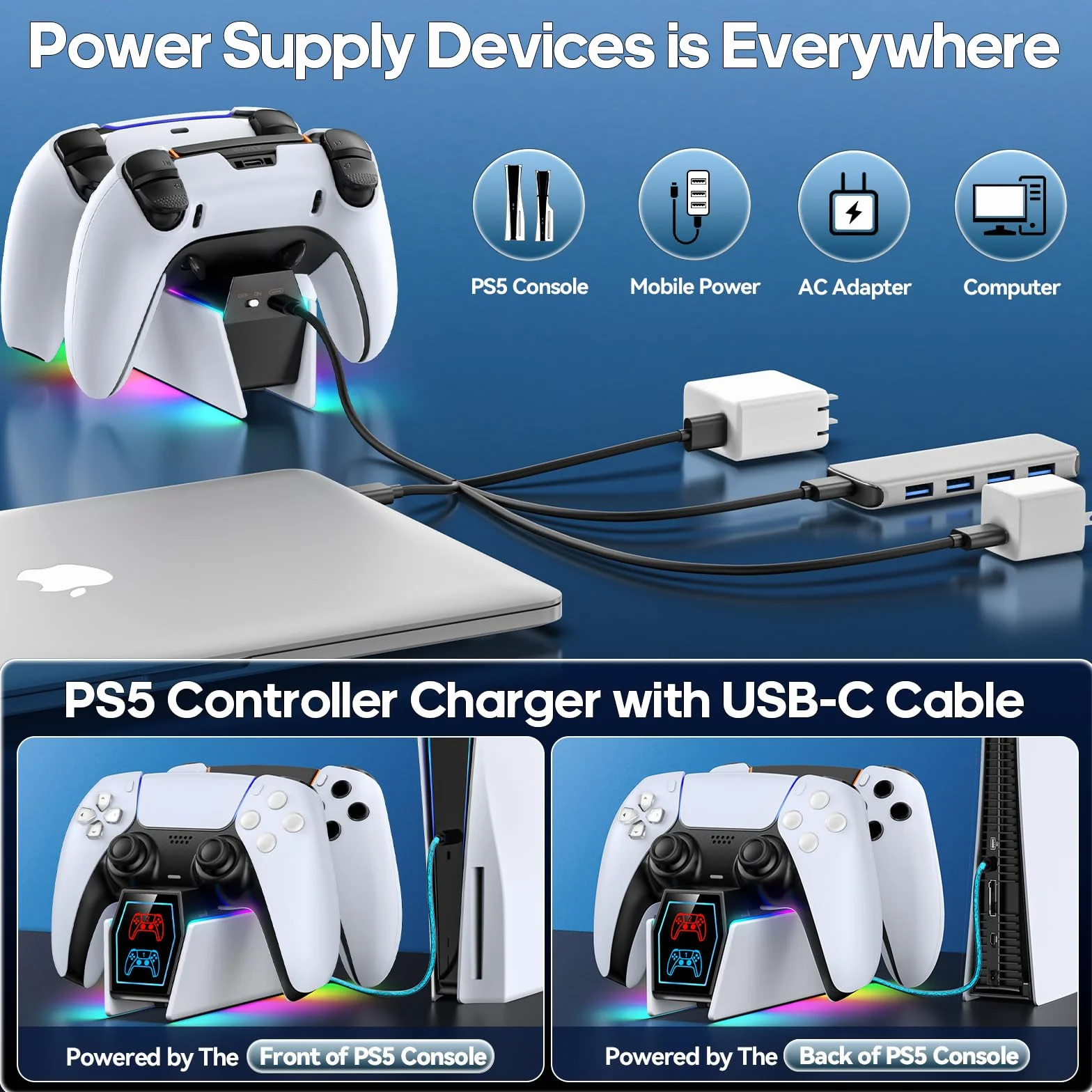 Tokluck Stacja ładująca do kontrolera PS5, kompatybilna z Playstation 5 Edge i podwójnym kontrolerem, stacja ładująca do gier z kablem, ochraniacz PlayStation Stacja dokująca ze wskaźnikami LED, biała