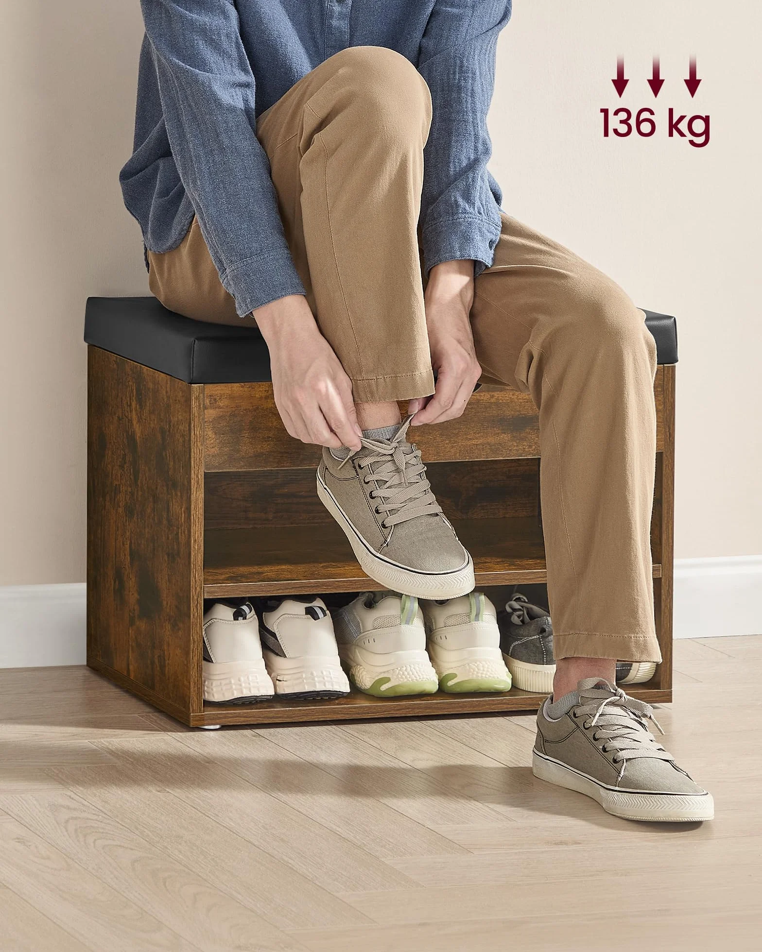 VASAGLE Ławka na buty, półka na buty z wyściełaną poduszką, 3-poziomowy organizer na buty, 30 x 60 x 44 cm, do przedpokoju, salonu i sypialni, brąz vintage LHS020K03