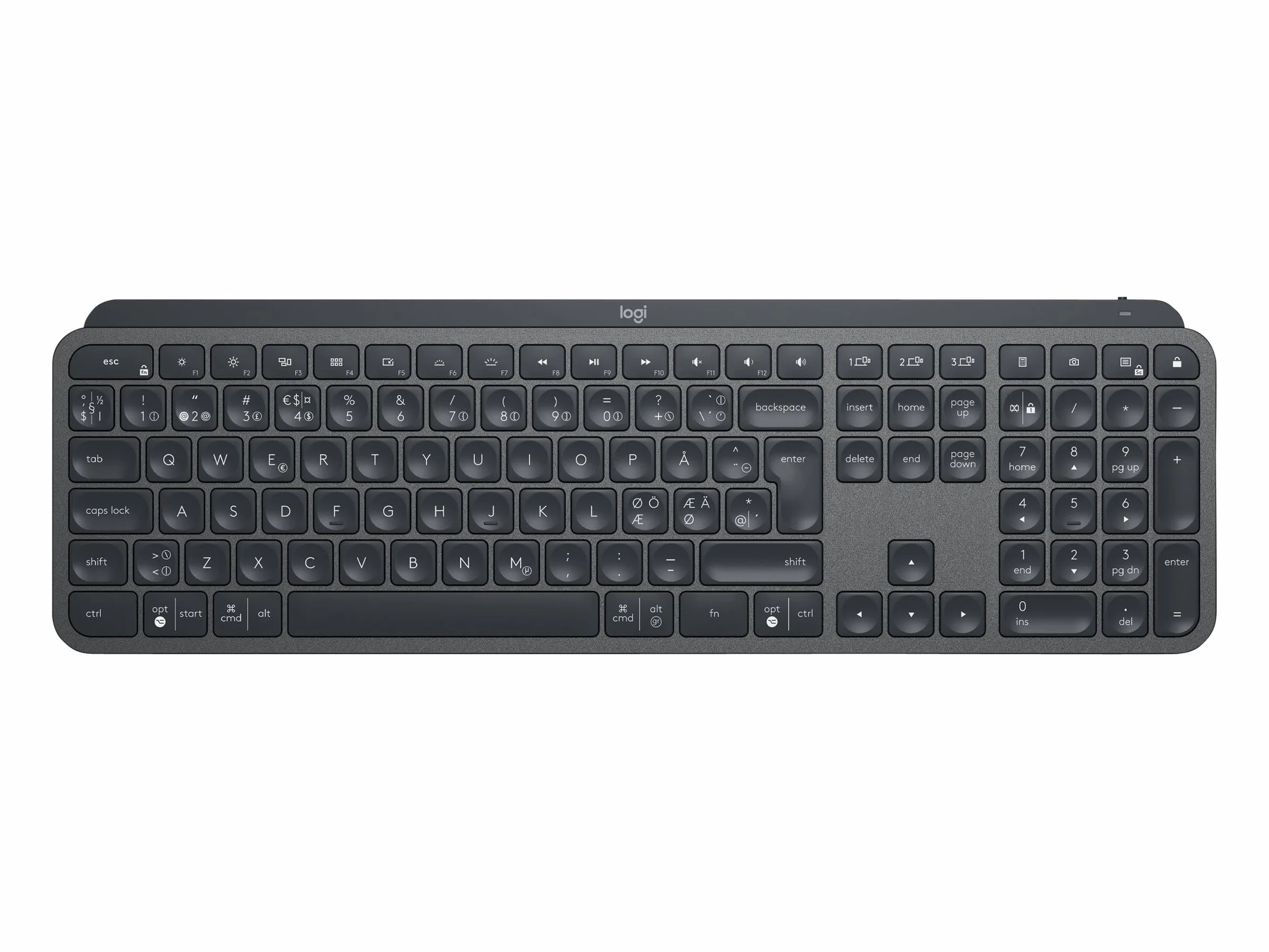 Logitech MX Keys bezprzewodowa klawiatura, odbiornik Bluetooth i USB, złącze USB-C, czas pracy baterii 5 miesięcy, funkcja Easy-Switch, podświetlenie przycisków, PC/Mac, układ skandynawski - grafitowy