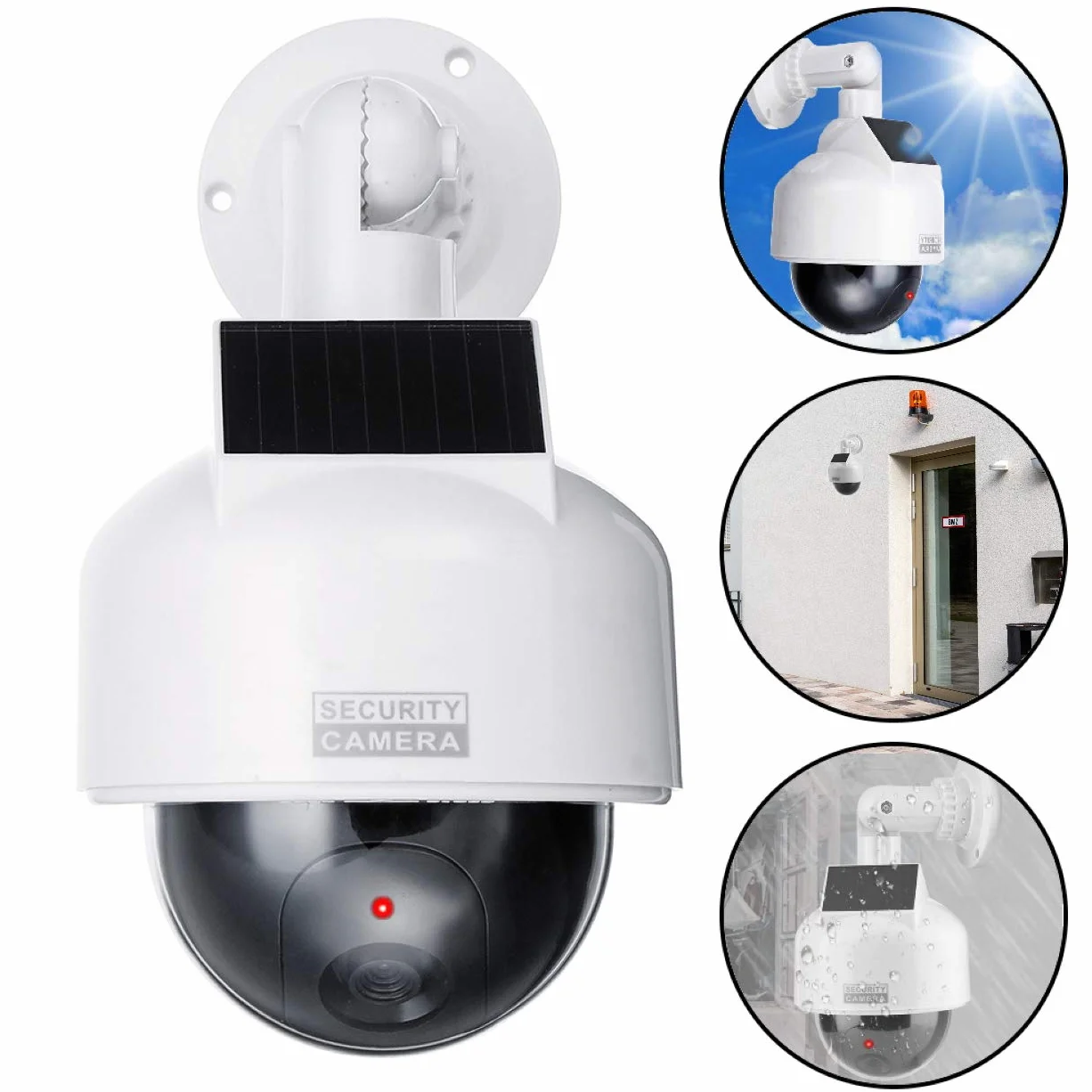 O&W Security Dummy Speed-Dome Solar atrapa kamery – z obiektywem i czerwoną migającą diodą LED (IRlook), wodoszczelna, 360° uchwyt ścienny/sufitowy, czujnik LED, do użytku wewnątrz i na zewnątrz, 2 x