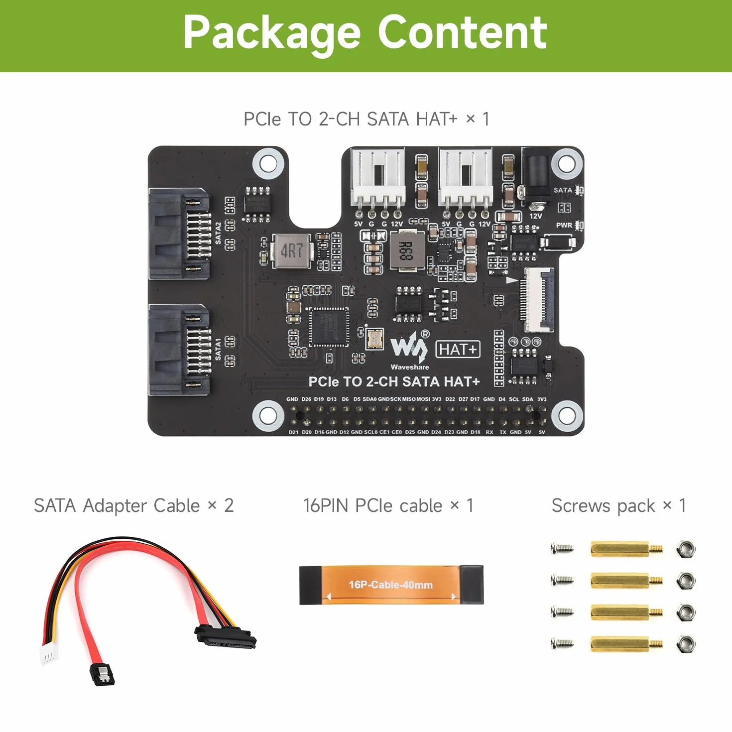 Waveshare PCIe To 2-Ch SATA Adapter For Raspberry Pi 5, Supports SATA Hard Drive Protocol, Onboard Dual LED Indicators And EEPROM, HAT + Standard, Driver-Free, Plug And Play