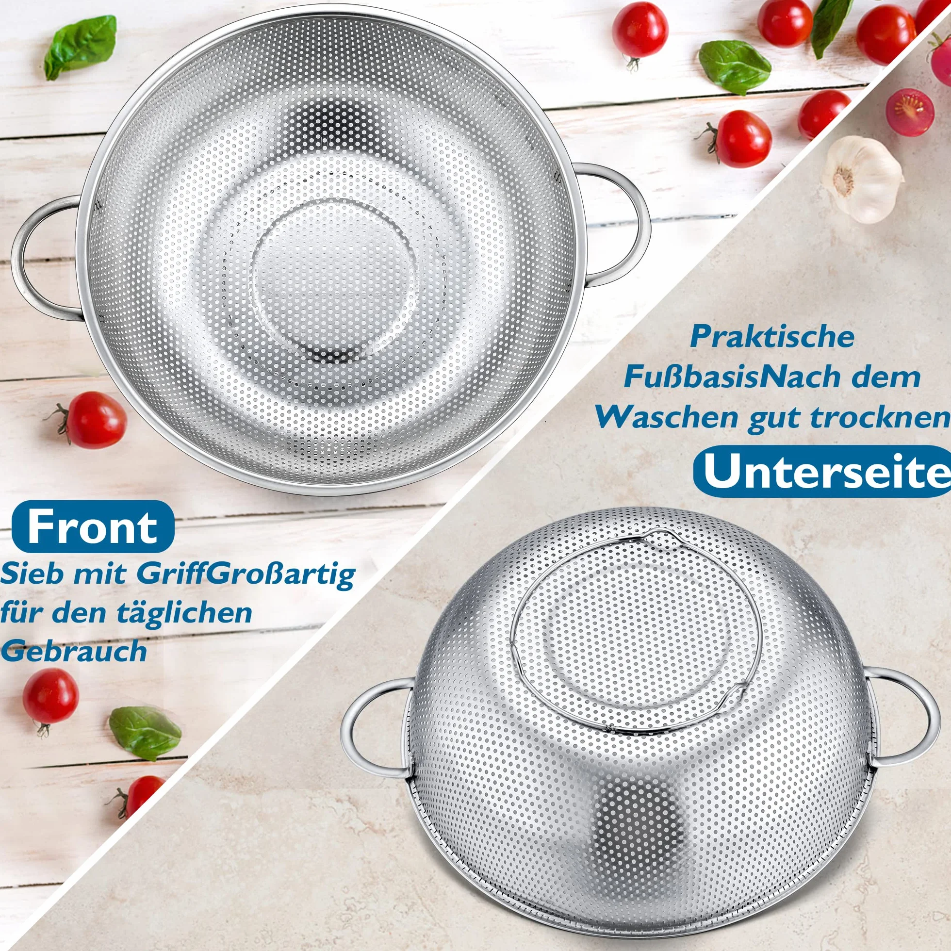 Herogo durszlak 28 cm, sitko kuchenne ze stali nierdzewnej z uchwytem, sitko do makaronu z mikroperforowanym ociekaczem do opróżniania i płukania warzyw/owoców/makaronu