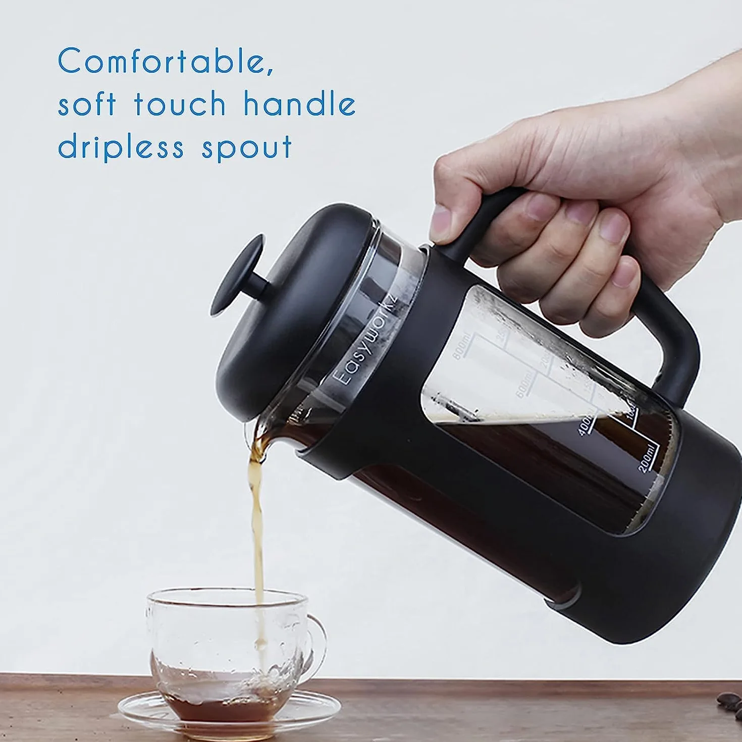 Easyworkz French Press Ekspres do kawy 350 ml, szkło borokrzemowe, antypoślizgowy uchwyt, czarny