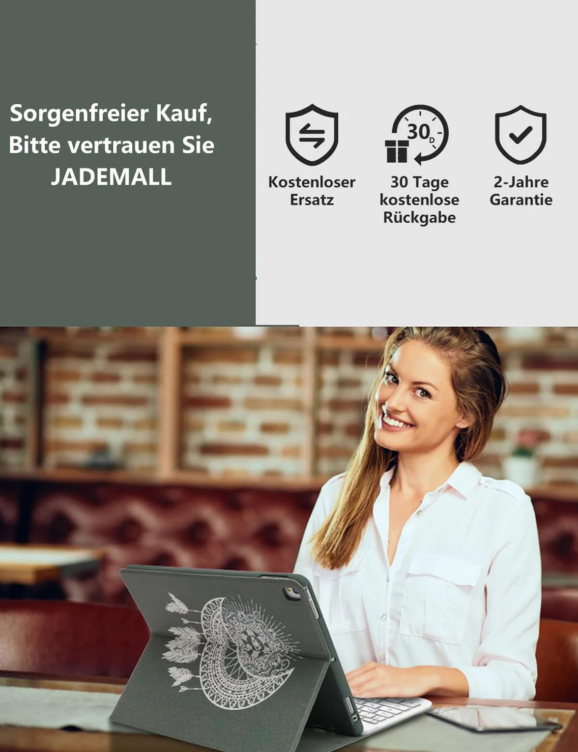 JADEMALL Etui na iPad 9 generacji z klawiaturą do iPada 10,2" (7/8/9. generacji 2019-2021) – zdejmowana klawiatura Bluetooth, QWERTZ, uchwyt na długopis, etui ochronne, doskonałe w dotyku