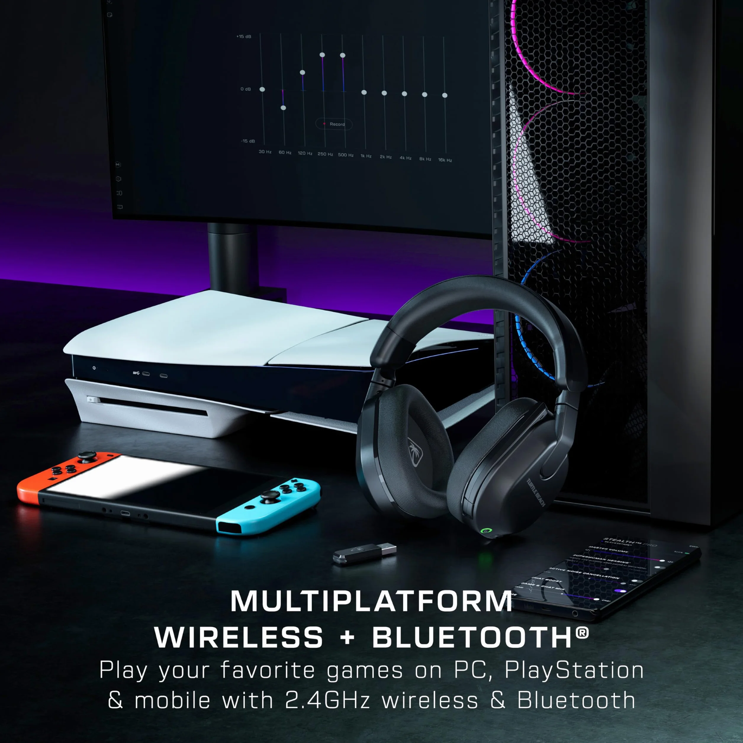Turtle Beach Stealth 600 Czarny PC Bezprzewodowe Słuchawki Gamingowe w/ 80hr Bateria, Przetworniki 50mm & Bluetooth na PC, PS5, PS4, Nintendo Switch and Mobile