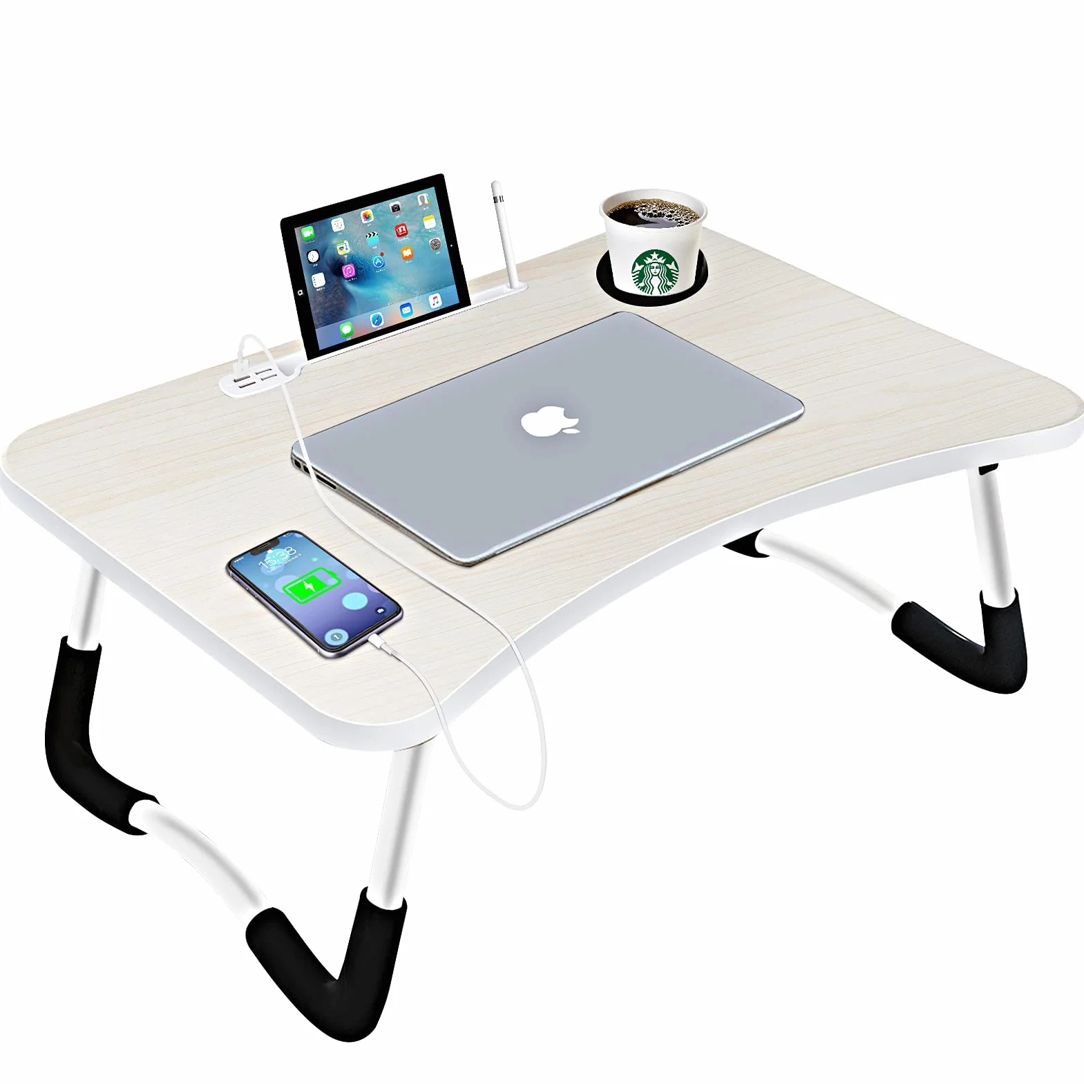 Stolik pod laptopa, składany stolik do notebooka z 4 portami ładowania USB, szufladą, stojakiem na tablet, szczeliną na filiżanki, na łóżko, sofę, podłogę (60 x 40 cm, Biały)