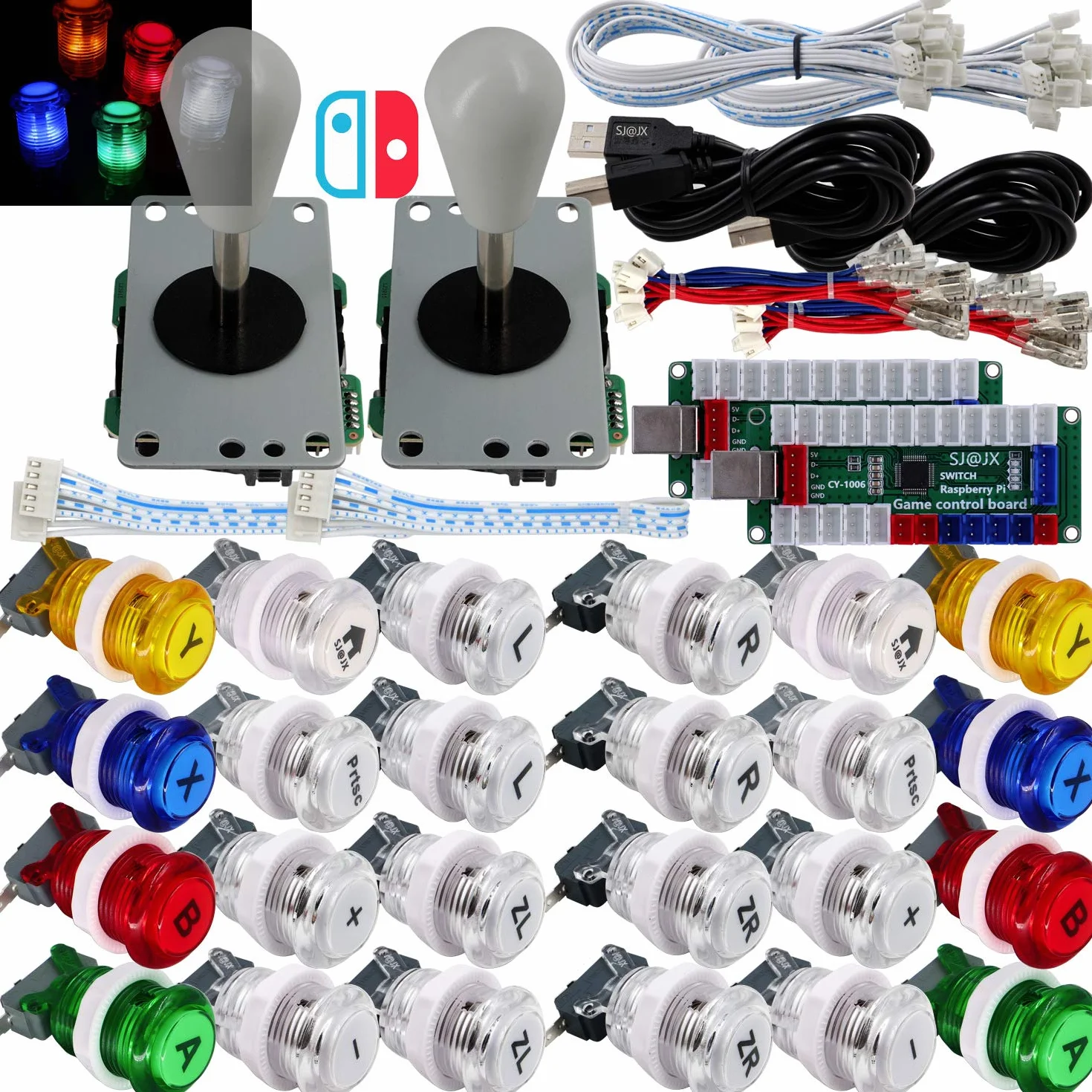 SJ@JX Gra zręcznościowa LED, kontroler, lampa, koder USB, 2 gracze, gamepad, mikroprzełącznik, przycisk światła, 8-drożny joystick LED, do Nintendo Switch PC PS3, Retrop, Raspberry Pi MAME