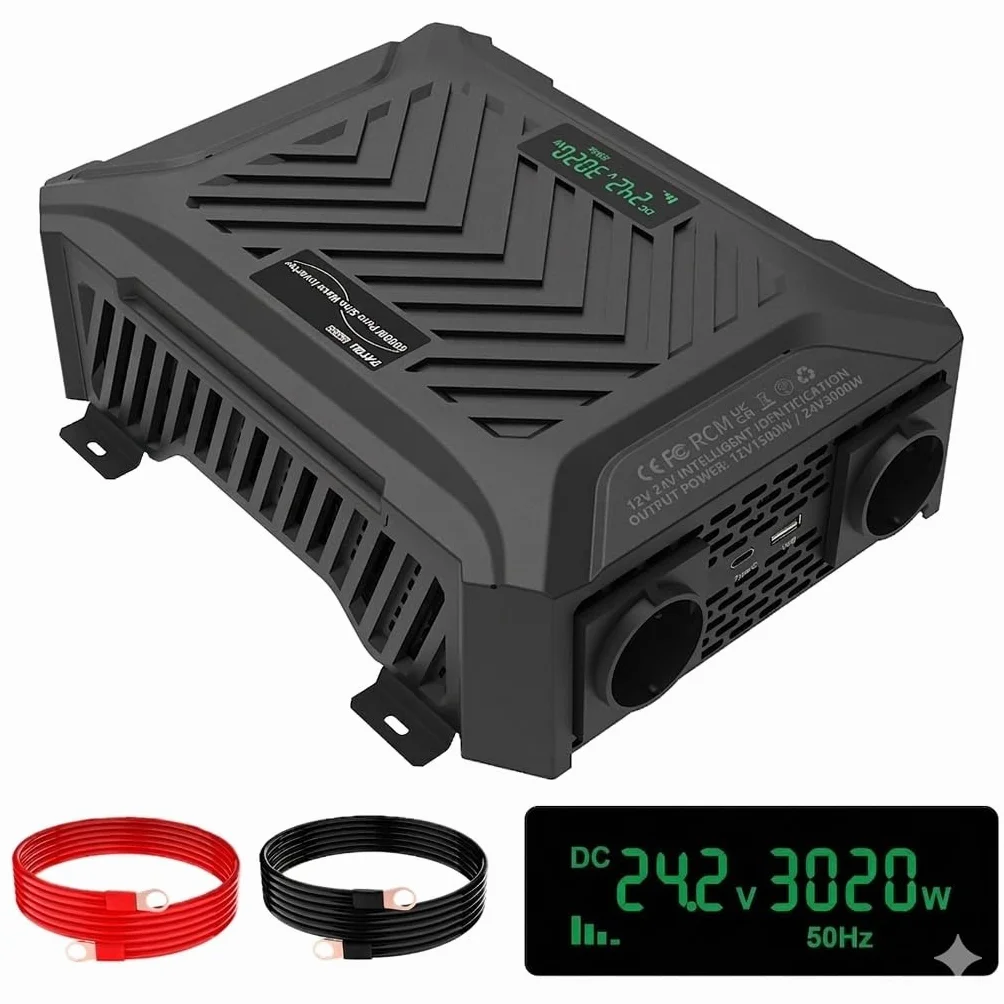 DATOUBOSS Przetwornica napięcia 12 V/24 V na 230 V 1500 W/3000 W, falownik czysty sinus 3000 W/6000 W, moc szczytowa, z inteligentnym systemem rozpoznawania, wyświetlaczem LCD, 2 gniazda EU