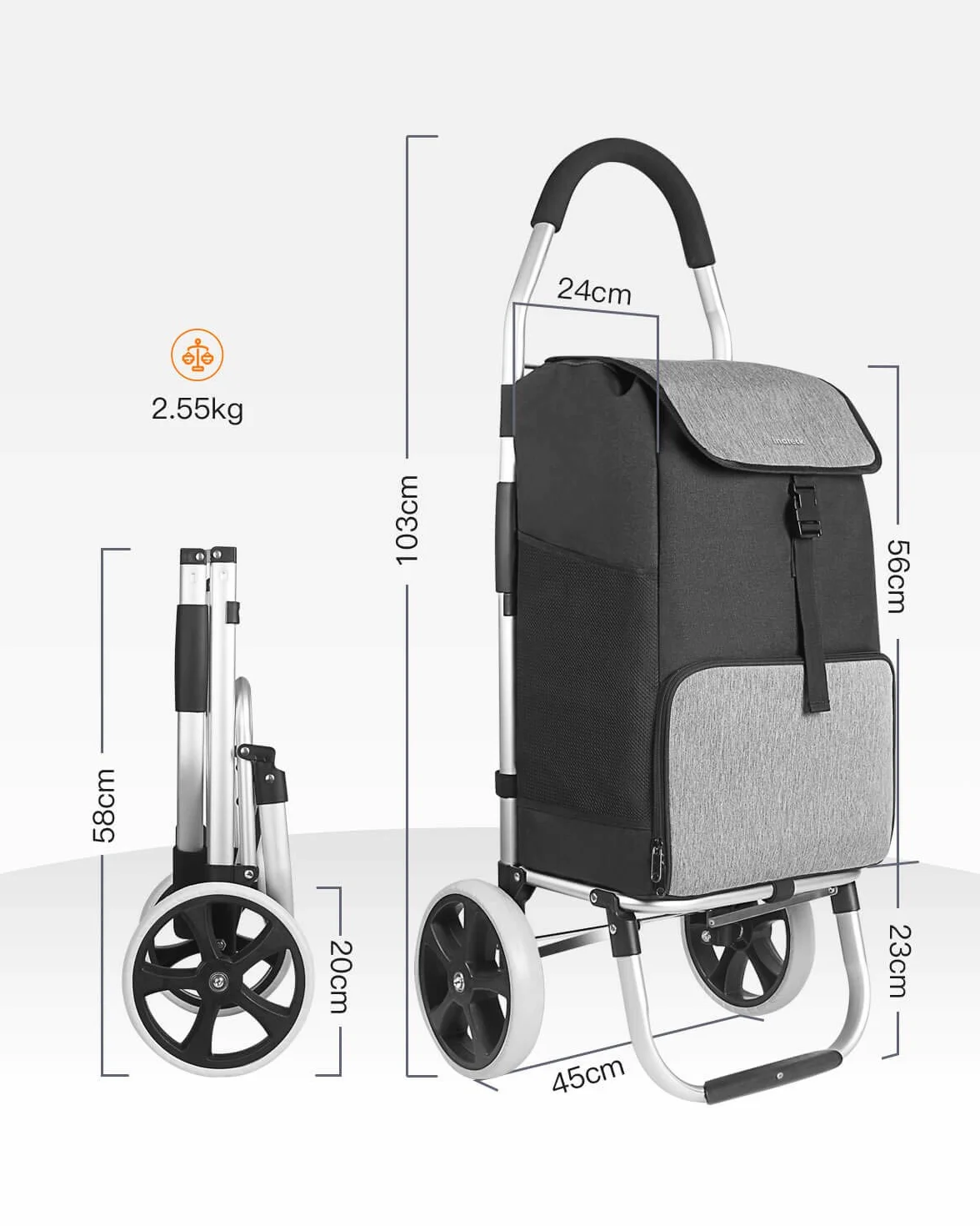 Inateck Wózek na zakupy o dużej pojemności i torbie termoizolacyjnej, lekka torba na zakupy z kółkami, maks. obciążenie 45 kg, 41 l, czarny