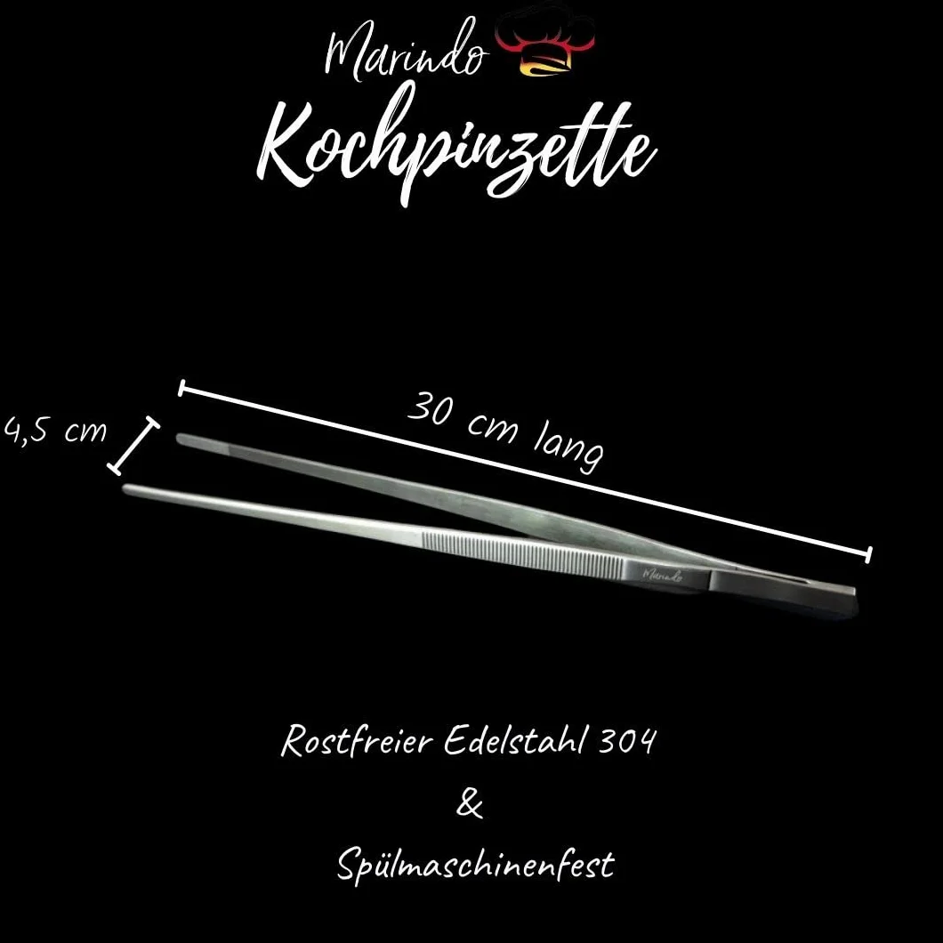 Marindo Grillpinzette | Kochpinzette | Küchenpinzette | 30cm lang | rostfreier Edelstahl | spülmaschinenfest | gerade Form | Fleischpinzette | Bratpinzette (Edelstahl)