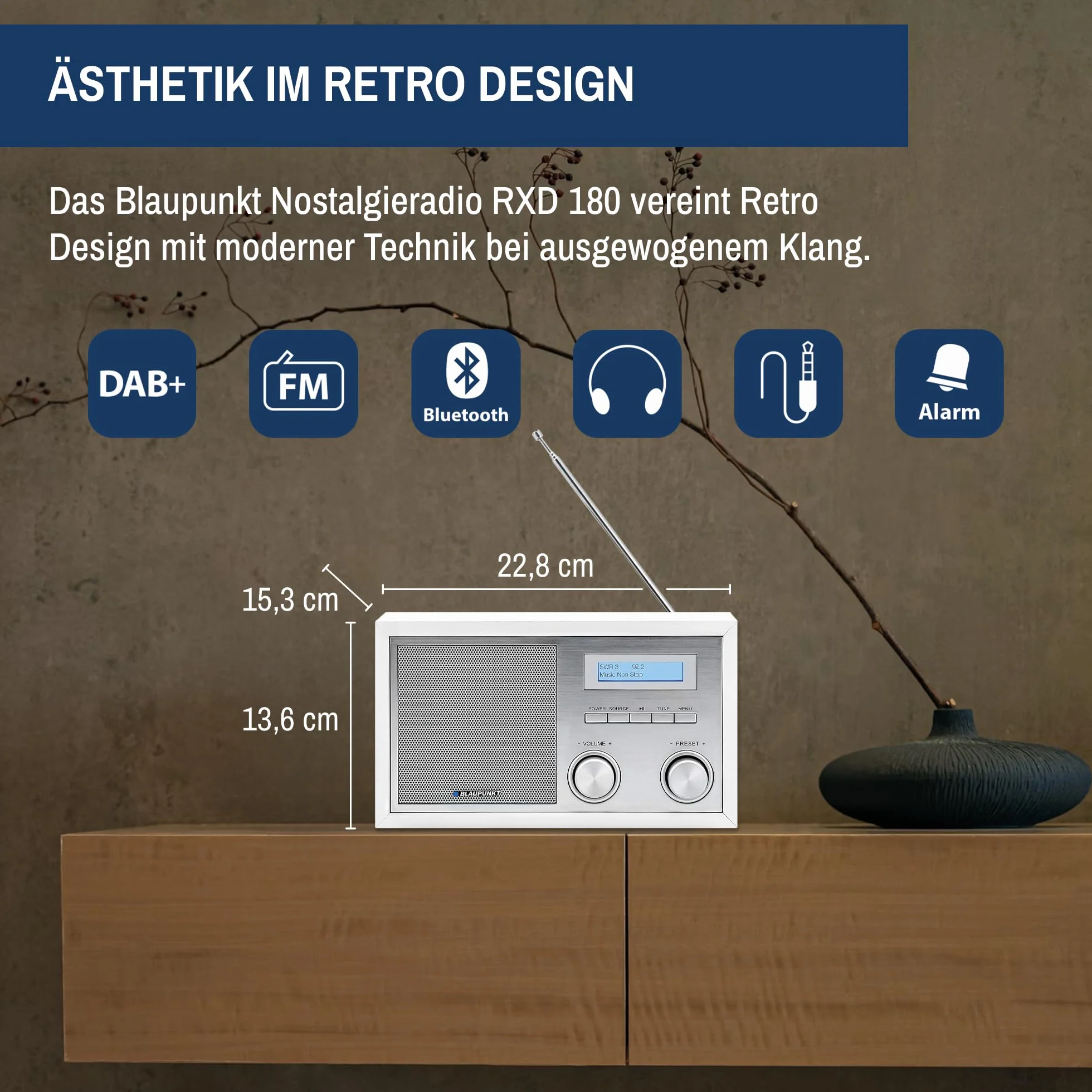 Blaupunkt Radio nostalgiczne RXD 180 DAB+ z AUX IN i Bluetooth, radio UKW PLL z RDS, kolorowy wyświetlacz RMS LC 5 W, radio kuchenne z łatwą obsługą, z przyłączem słuchawkowym, pokrętłem, białe