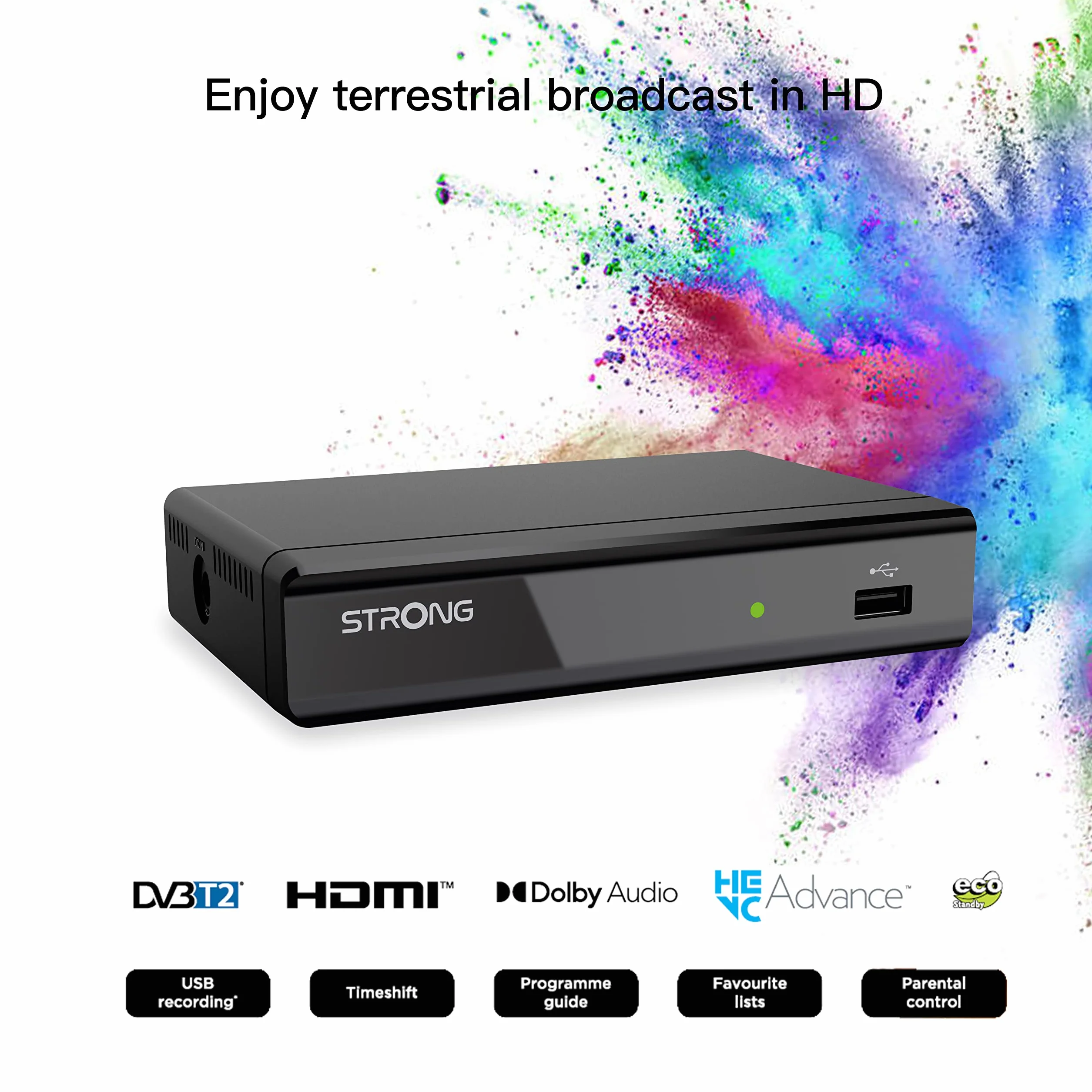 STRONG - Dekoder TNT Full HD - SRT8109 - Funkcja rejestratora - Zgodność z normami HEVC265 & Dolby Digital Plus - Port HDMI, SCART, USB - Elektroniczny przewodnik po programach - Czarny