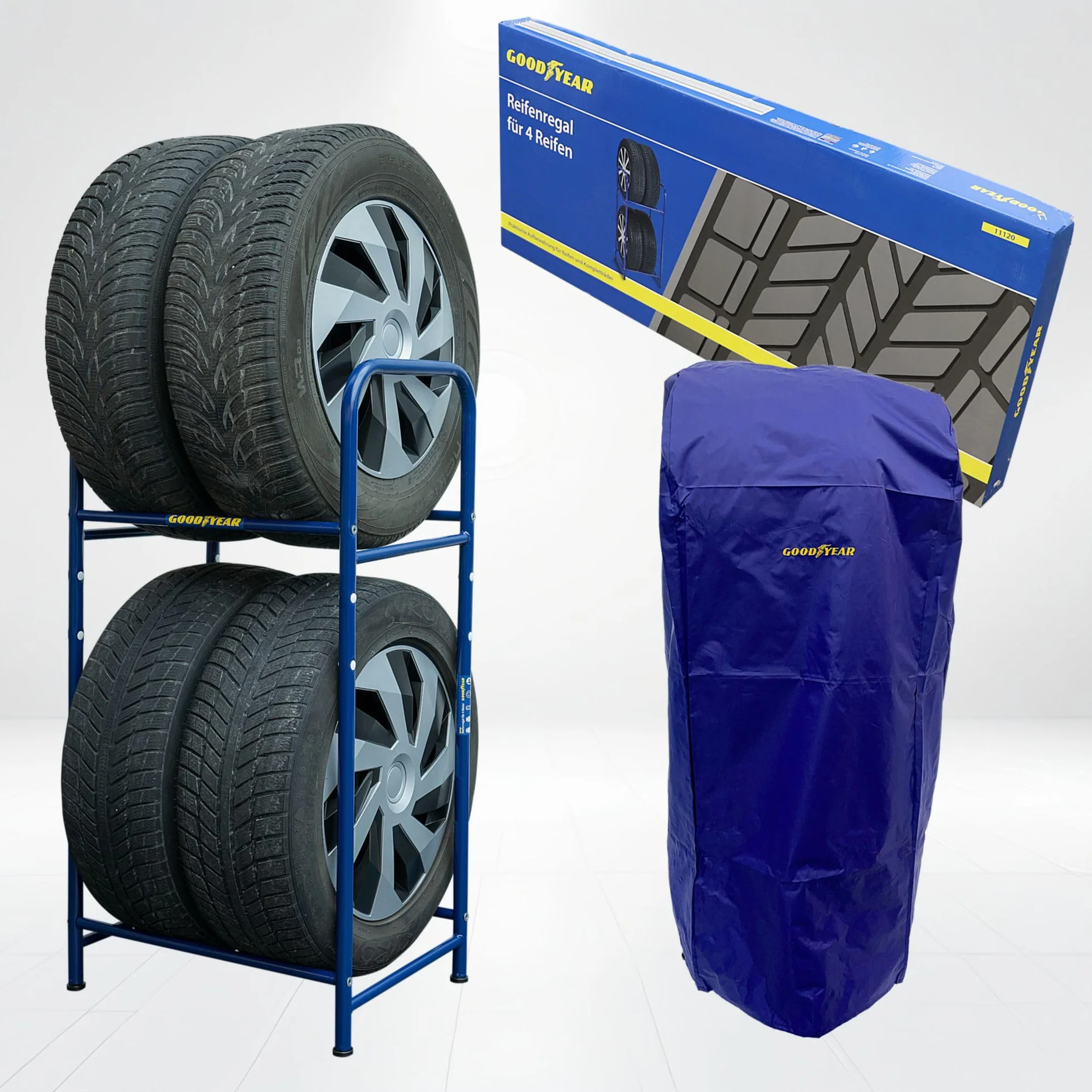 Goodyear Regał na opony na 4 opony, zajmuje mało miejsca, z regulacją wysokości, 2 poziomy, nośność do 120 kg, niebieski