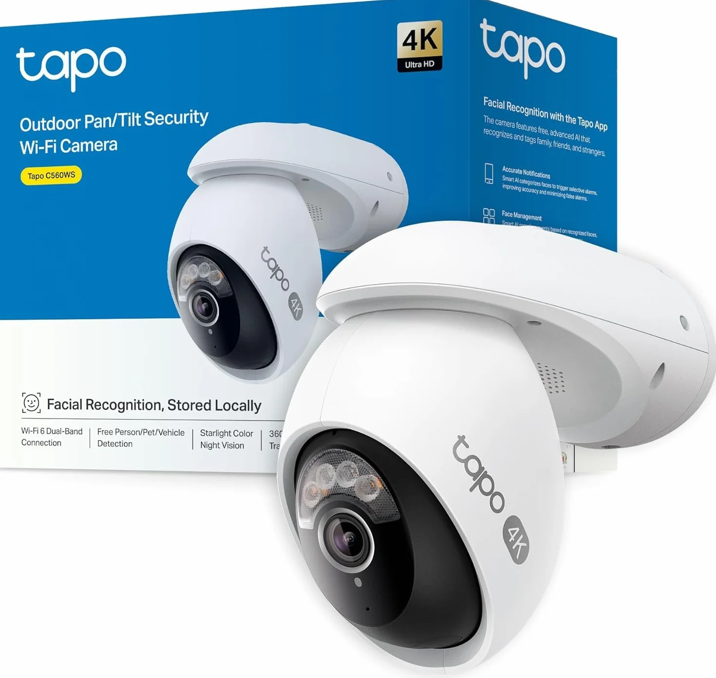Tapo C560WS 4K 360° kamera do monitoringu na zewnątrz, Wi-Fi 6, noktowizor, bezpłatne wykrywanie AI, inteligentne śledzenie, alarm światła i dźwięku, dwukierunkowe audio, karta microSD do 512 GB