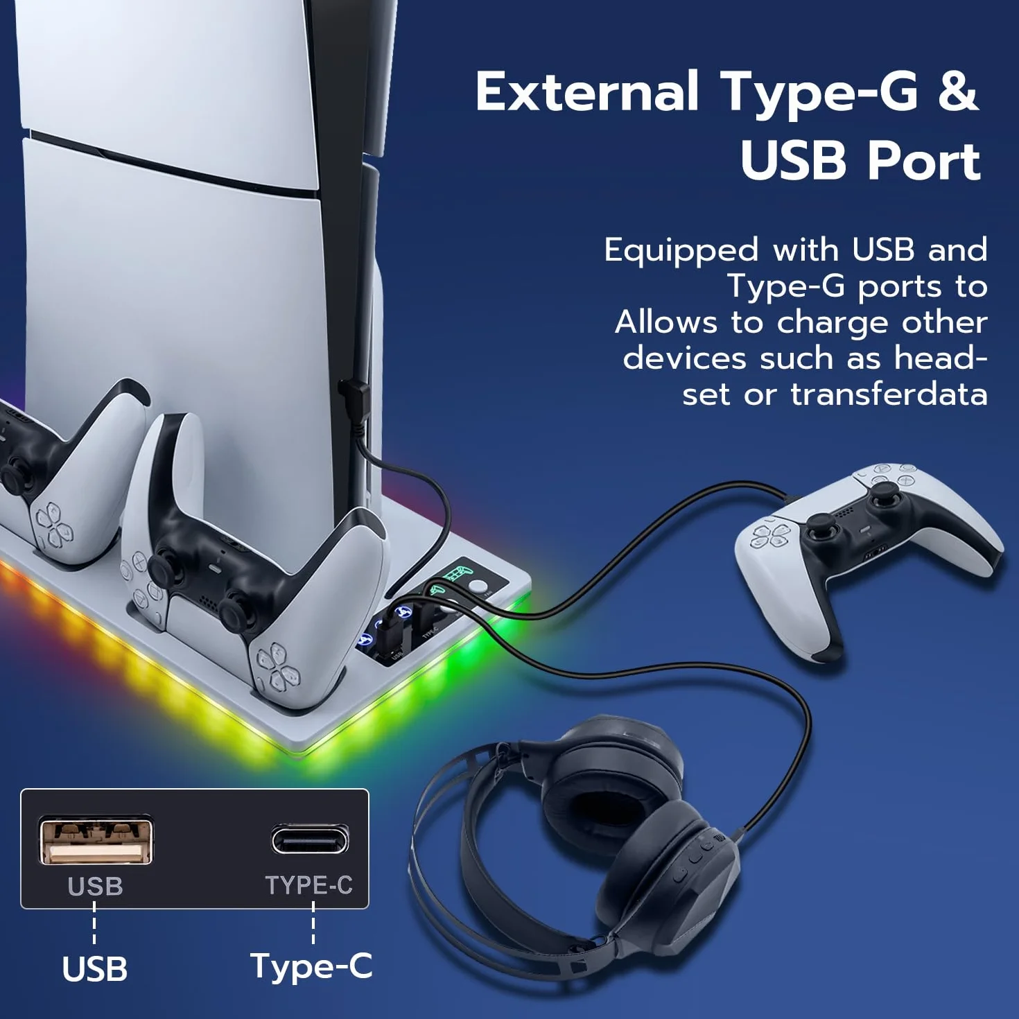 Pionowa podstawa z chłodzeniem do PS5/PS5 Slim, stacja ładująca Dual Controller z 3-stopniowym wentylatorem/światło RGB do PS5 UHD & Digital / PS5 Slim Disc & Digital