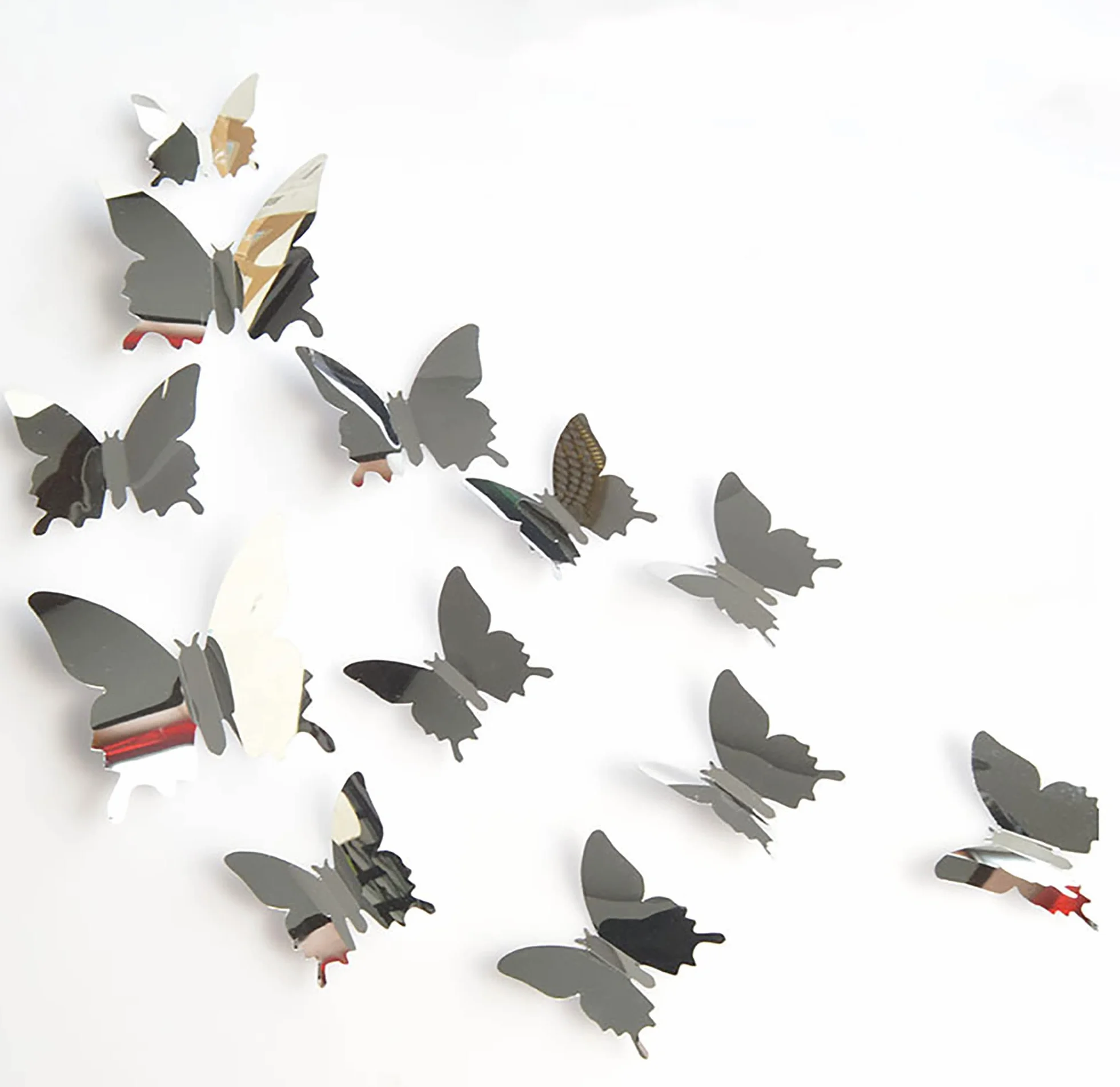 3D lustrzane naklejki ścienne motyl 72 szt. 3 rozmiary zdejmowane srebrne