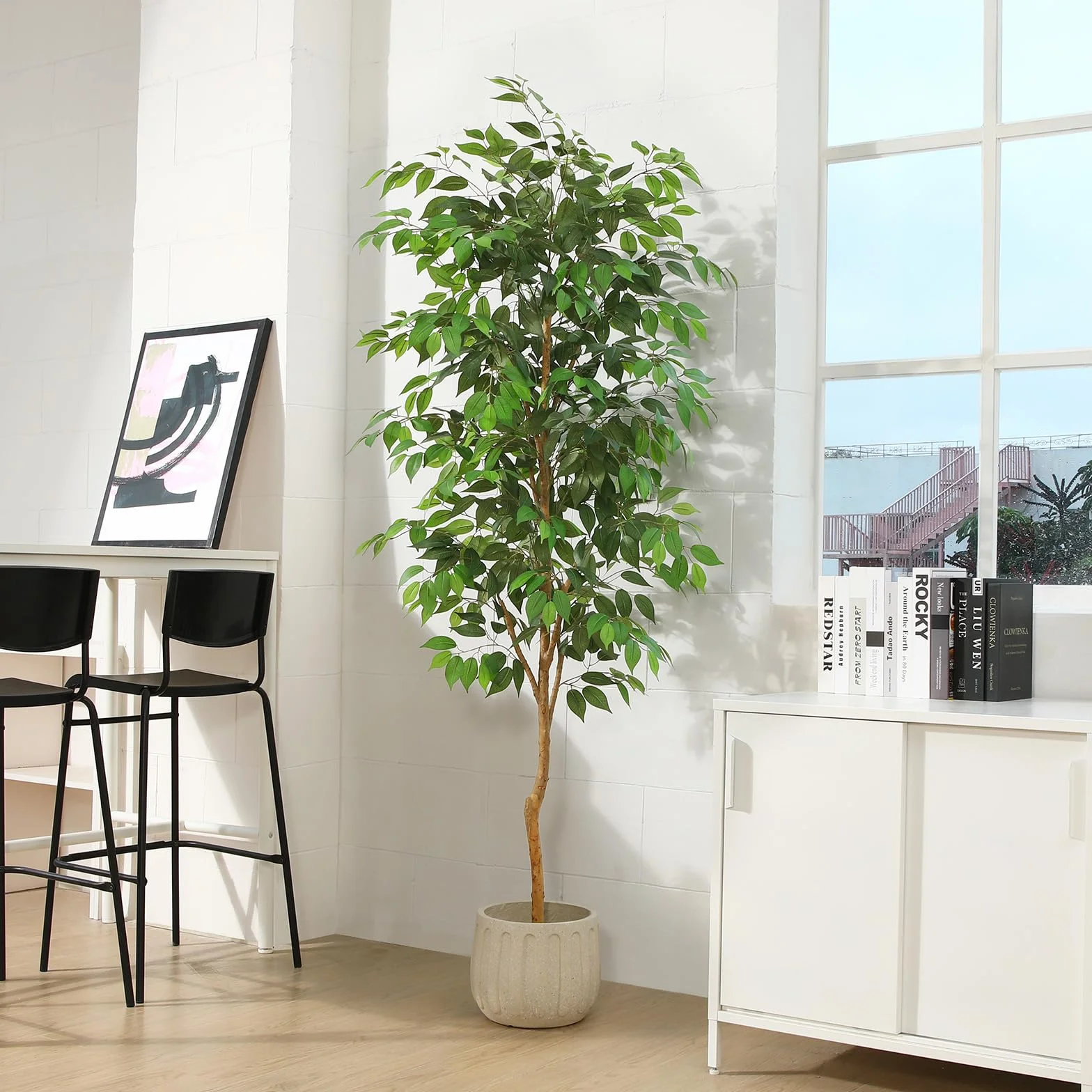 Fopamtri Sztuczna roślina duża, 210 cm, Ficus Benjamina, sztuczna roślina z naturalnego drewna, roślina pokojowa, sztuczne drzewo w doniczce, do domu, biura, na balkon (1 sztuka)