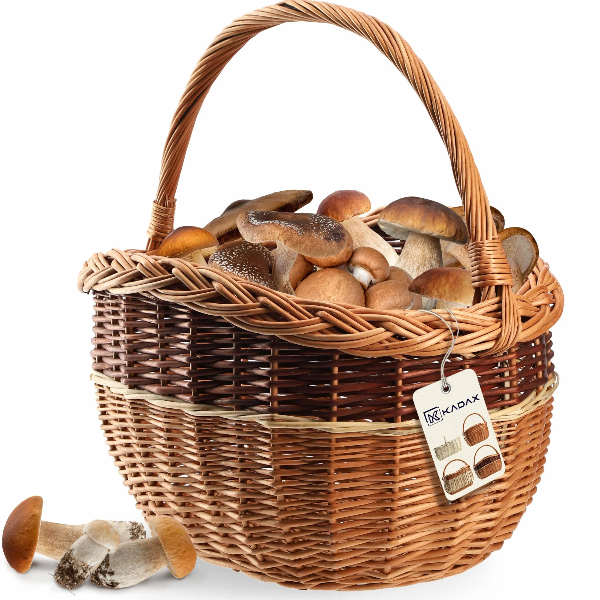 KADAX Kosz wiklinowy owalny 30x43cm, solidny uchwyt i gęsty splot, stabilny podczas noszenia, do zakupów, pikniku i grzybobrania, mieści butelki i zbiory z ogrodu