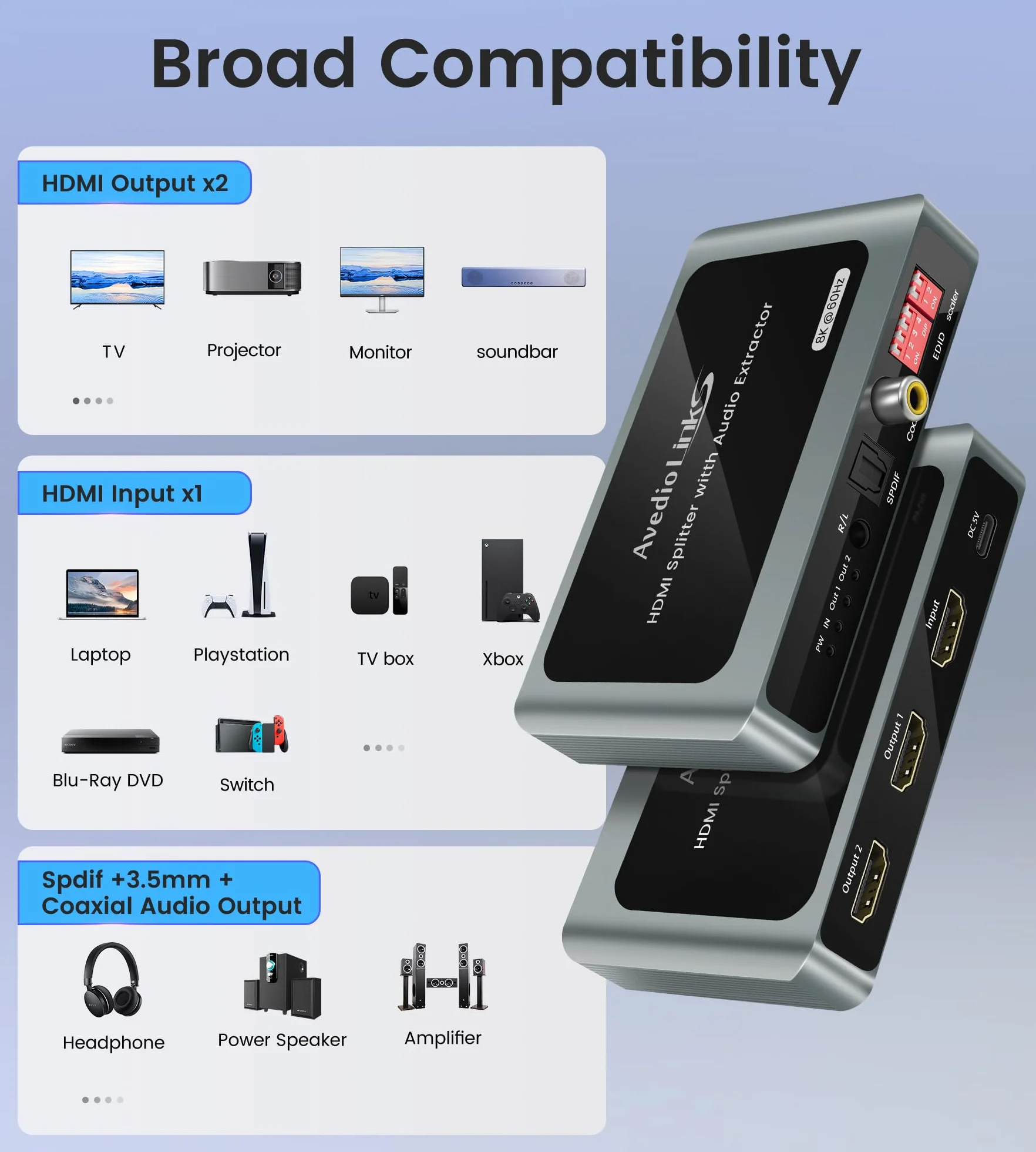 Ekstraktor audio HDMI 8K 60 Hz rozdzielacz 1 w 2 wyjścia z wyjściem audio, HDMI do 2X HDMI + Toslink SPDIF + współosiowy + 3,5 mm, obsługuje Dobly Atmos 7.1, DTS, HDCP 2.3, Down Scaler, idealny do TV