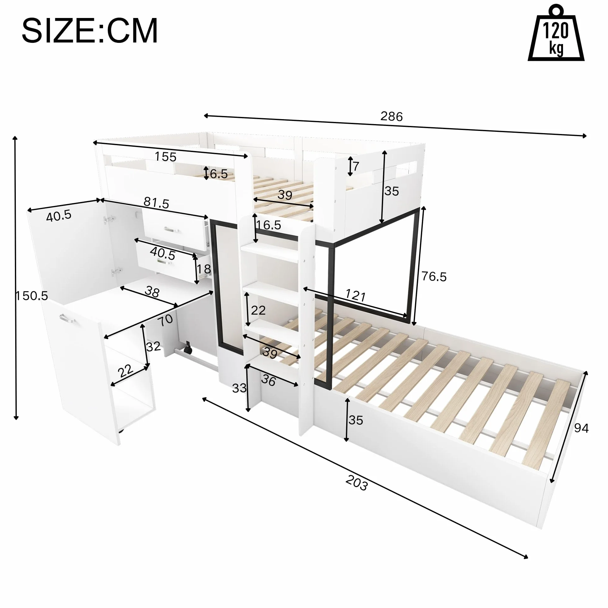 Łóżko piętrowe 90 x 200 cm, z szafą na ubrania i wysuwanym biurkiem z regałem, wielofunkcyjne łóżko dziecięce z szufladą i drabinką, duża przestrzeń do przechowywania, łóżko piętrowe dla 2