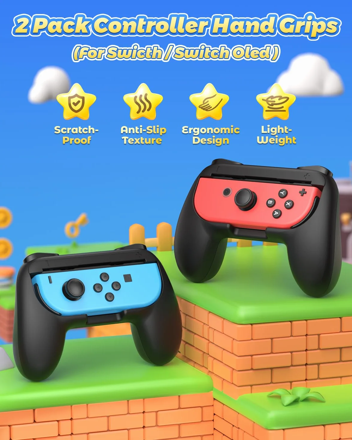FYOUNG Uchwyt na uchwyty kompatybilny z Joy Con dla Switch & OLED Model, wygodny uchwyt do kontrolera - czarny (2 sztuki)