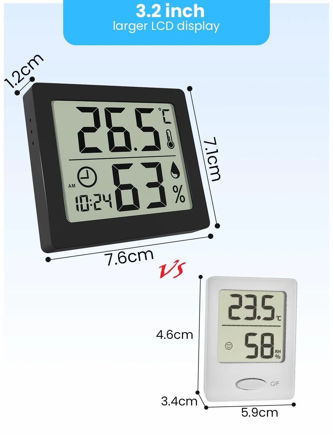Termometr pokojowy z higrometrem wewnętrznym, higrometr, duży wyświetlacz LCD 3,2", termometr biurkowy z zegarem (czarny)