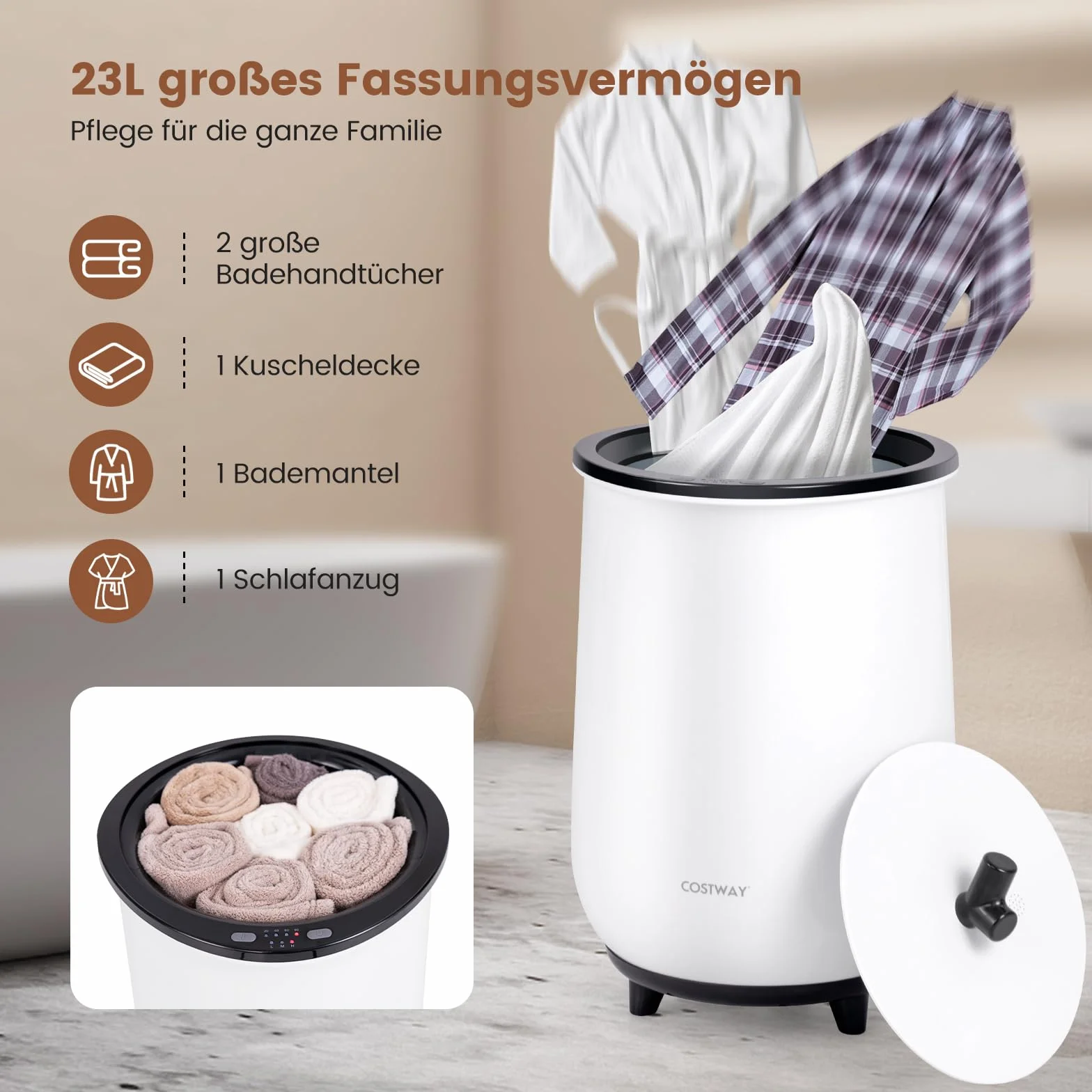 COSTWAY elektryczny podgrzewacz do ręczników 23 l, suszarka do ręczników z 3 poziomami temperatury, timer 20/40/60/90 min, szybkie nagrzewanie, do łazienki, 34 x 54 cm