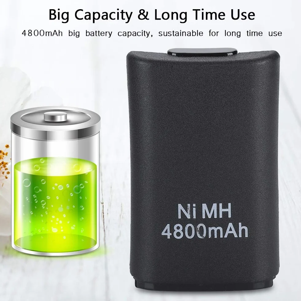 Xbox 360 zestaw akumulatorów do kontrolera, 2 x akumulatory NiMH 4800 mAh ze stacją ładującą, kablem do ładowania USB, 2 obudowy baterii, czarny