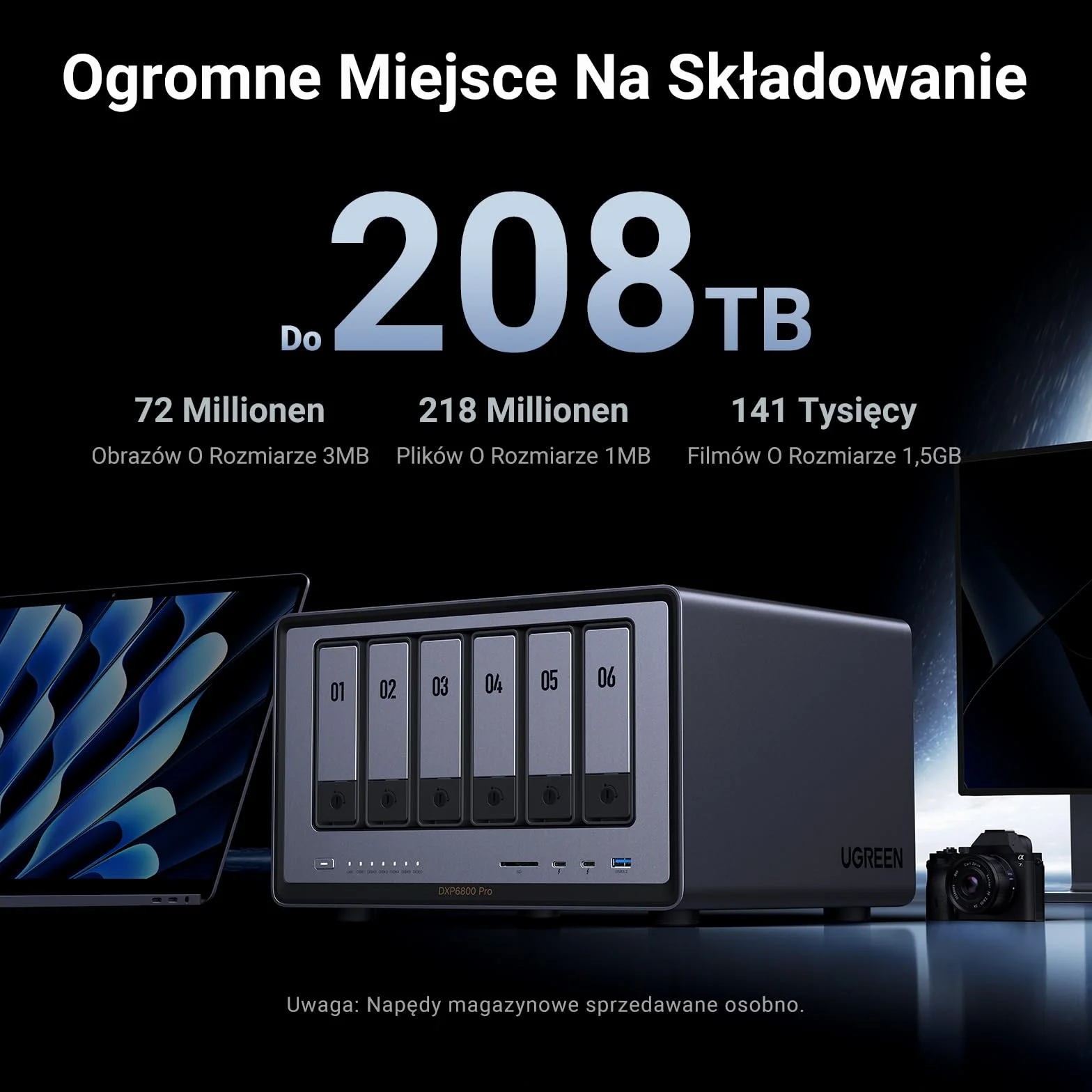 UGREEN NASync DXP6800 Pro, Stacja Dyskowa Biurkowa 6 Bay, Procesor Intel i5 1235u 10rdzeniowy, 8 GB Pamięci DDR5, 128 GB SSD, 2 Porty 10 GbE, 2 Miejsca M.2 NVMe, HDMI 8K, 2 Porty TBT4 (Bez Dysków)