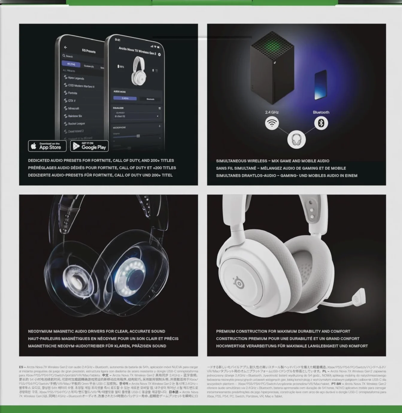 SteelSeries Arctis Nova 7X Wireless Gen 2 do gier -sterowanie aplikacją w czasie rzeczywistym - 50H + -przetworniki magnetyczne z magnesem neodymowym -miks 2,4 GHz/Bluetooth-Xbox,PS5,Switch 1/2,mobile