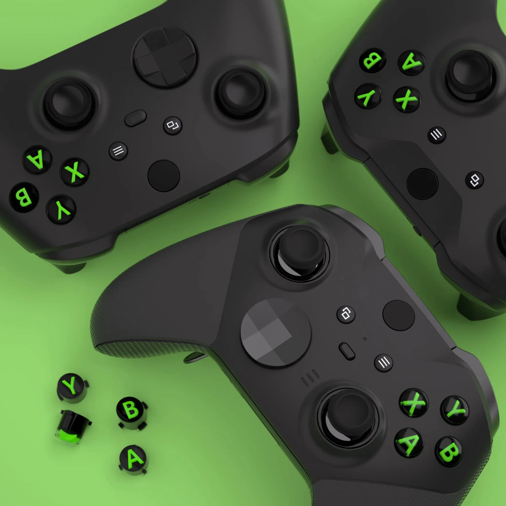 eXtremeRate Wymiana Custom ABXY Action Buttons dla Xbox Series X & S Controller, Three-Tone Czarny & Przezroczysty z Zielony Klasycznymi Symbolami Klawisze A B X Y dla Xbox One S/X, Elite V1/V2 Controller