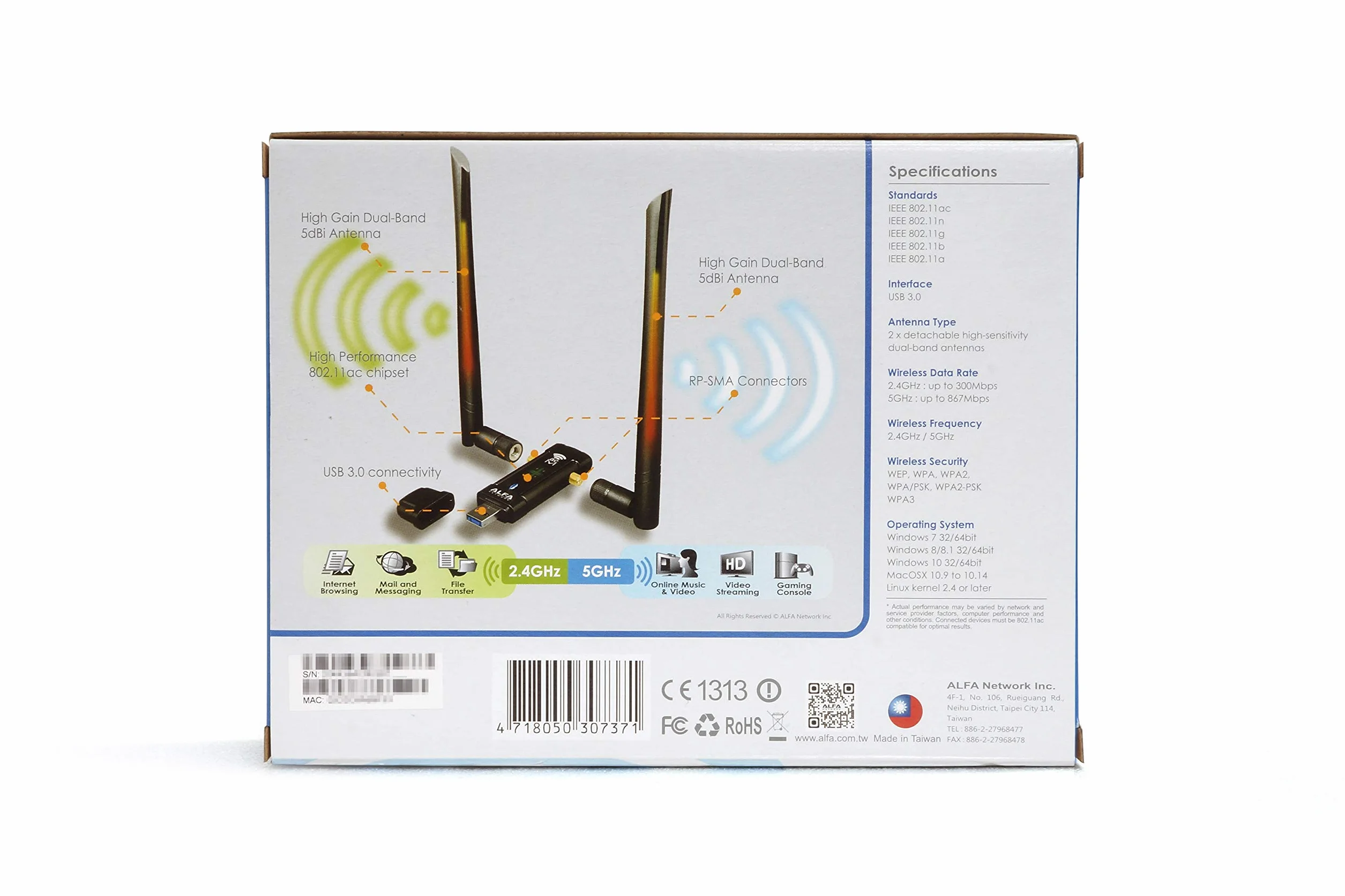 ALFA Network Długotrwały szeroki zasięg Dual-Band AC1200 USB bezprzewodowy adapter Wi-Fi W/High Sensitivity antena zewnętrzna - obsługuje Windows, Macos i Kali Linux