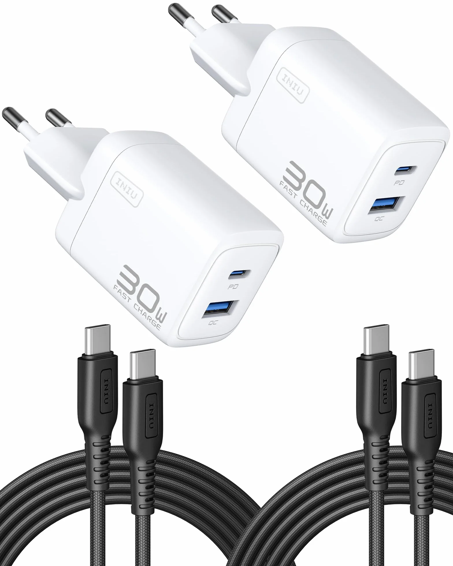 INIU Ładowarka USB C, 30 W, 2-portowa [USB C + USB A] Szybka ładowarka z kablem, Multi Sector PD Type C, adapter do iPhone'a 17 16 Pro Max, iPad Air, Galaxy S25 S24 Ultra, Xiaomi 15, Pixel 10, 9 itd
