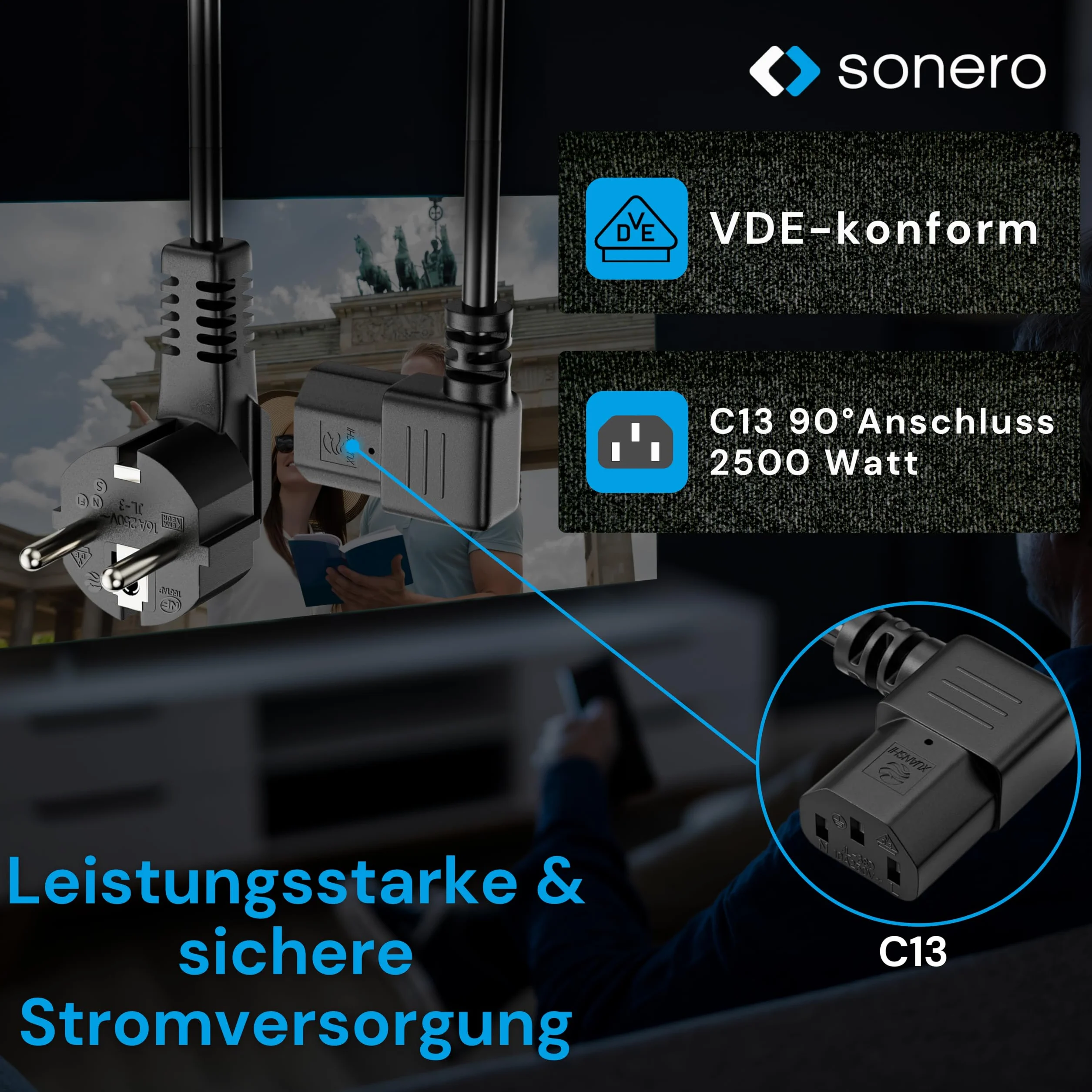 sonero Kabel zasilający do urządzeń zimnych, 3-biegunowy, 3,0 m, wtyczka z zestykiem ochronnym, wtyczka sieciowa na złącze urządzenia zimnego C13, kąt 90°, kabel zasilający do monitora, drukarki PC