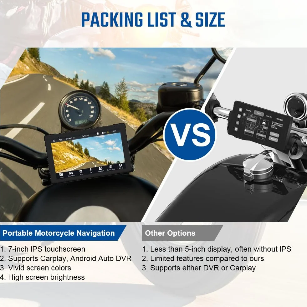 AXFEE Carplay motocyklowy ekran GPS, Carplay do motocykla z przenośnym uchwytem, CarPlay i Android Auto do motocykla, 7-calowy ekran dotykowy, podwójny Bluetooth, karta TF 32 G, GPS, Siri.