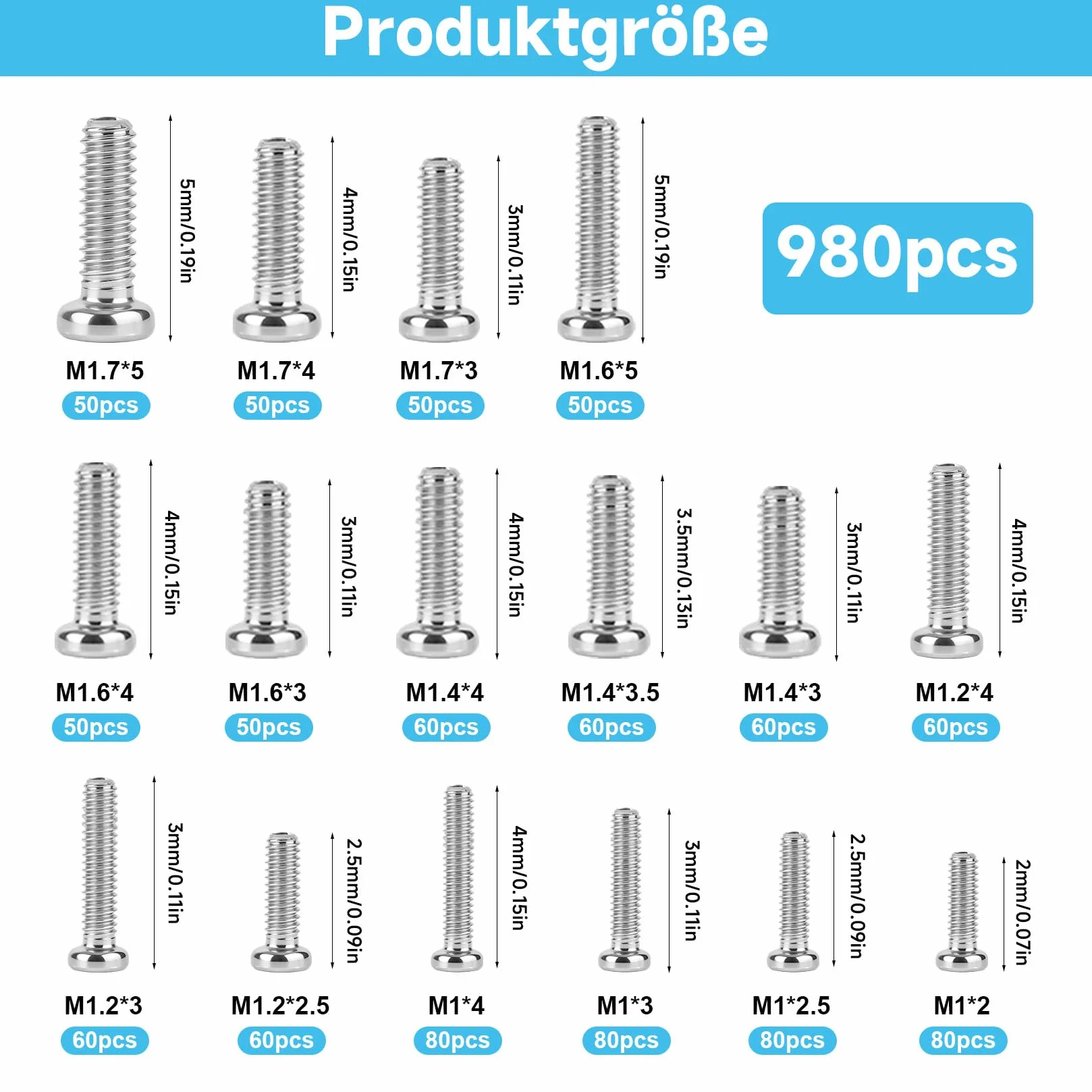 980 szt. M1 M1.2 M1.4 M1.6 M1.7 Mini śruby, śruby PC, śruby komputerowe, śruby z łbem krzyżowym okrągłym do naprawy dysku twardego laptopa i komputera