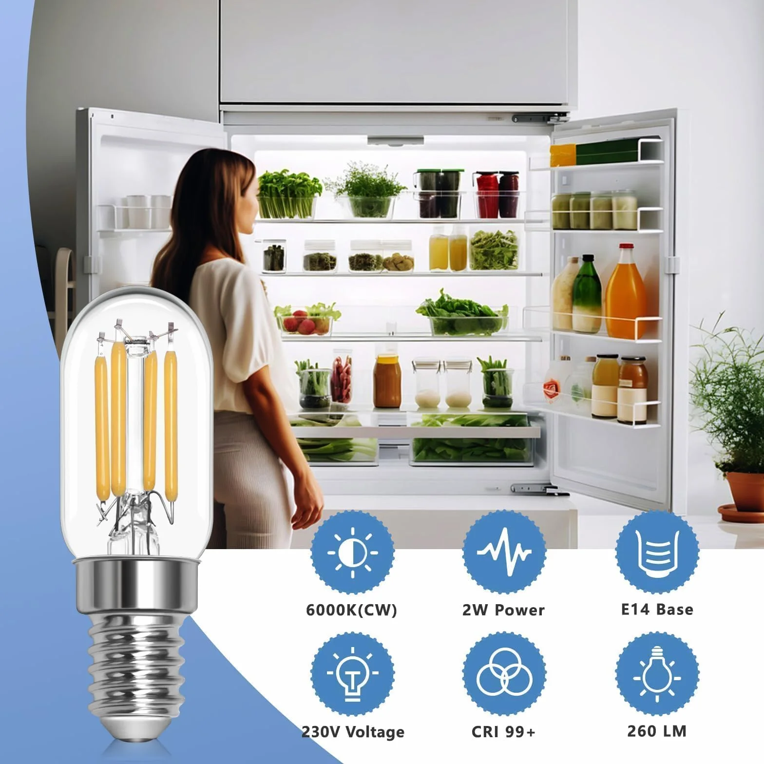 Żarówki LED E14 T22 do lodówki 2 W 6000 K zimna biel 260 lumenów AC 220-240 V 2 sztuki