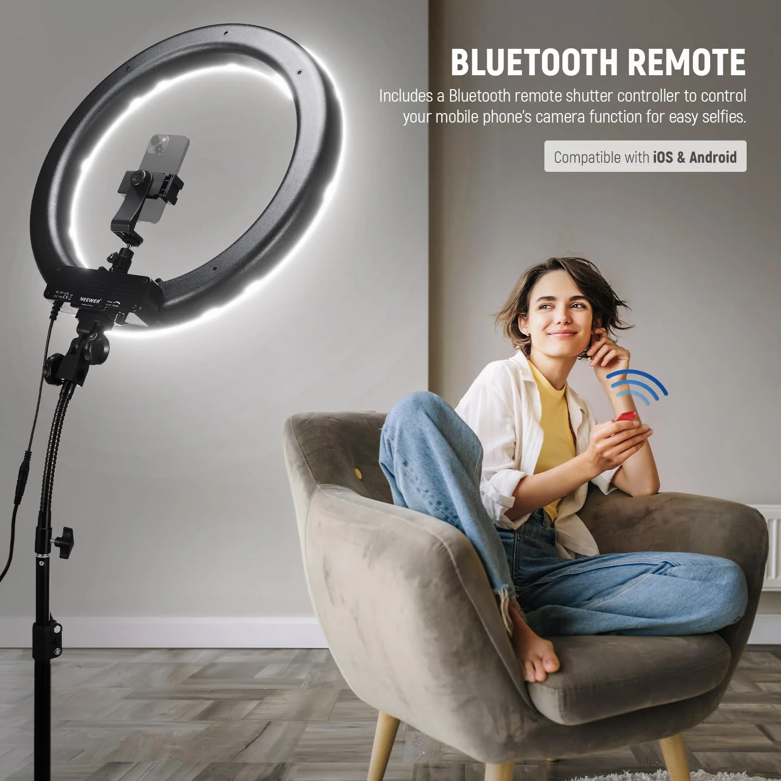 NEEWER Profesjonalny pierścień świetlny ze statywem: 18 cali 55 W 5600K Regulowany pierścień świetlny LED ze statywem, odbiornik Bluetooth do smartfona, selfie, Youtube/TikTok wideo, lampa estetyczna